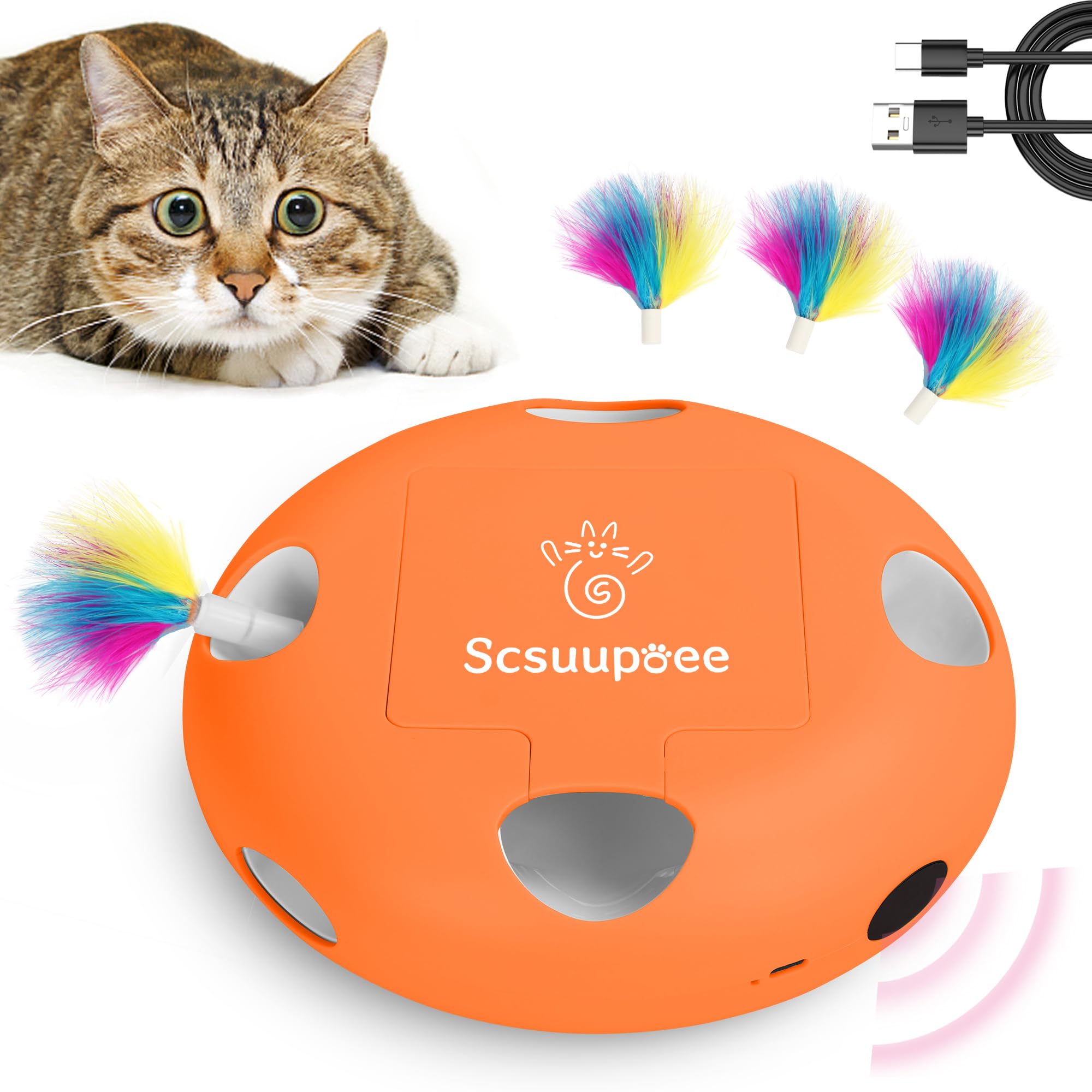 Scsuupoee interactive cat toy with moving feathers orange for indoor hunting play.