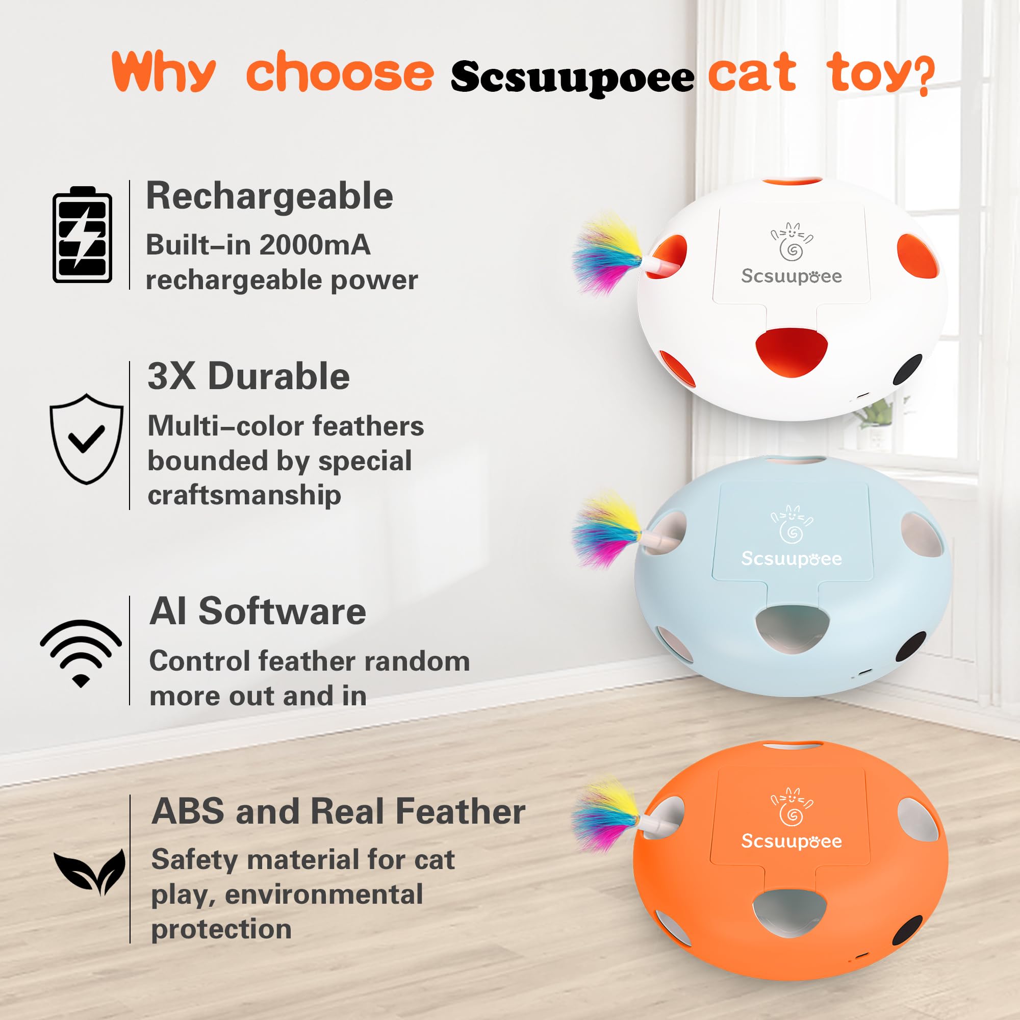 Scsuupoee interactive cat toy rechargeable battery with USB-C for extended play sessions.
