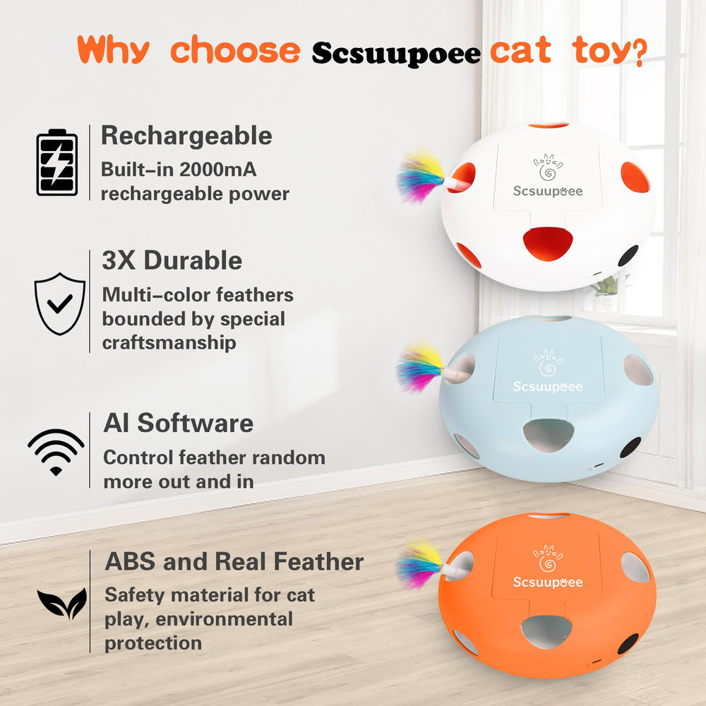 Scsuupoee interactive cat toy rechargeable battery with USB-C for extended play sessions.