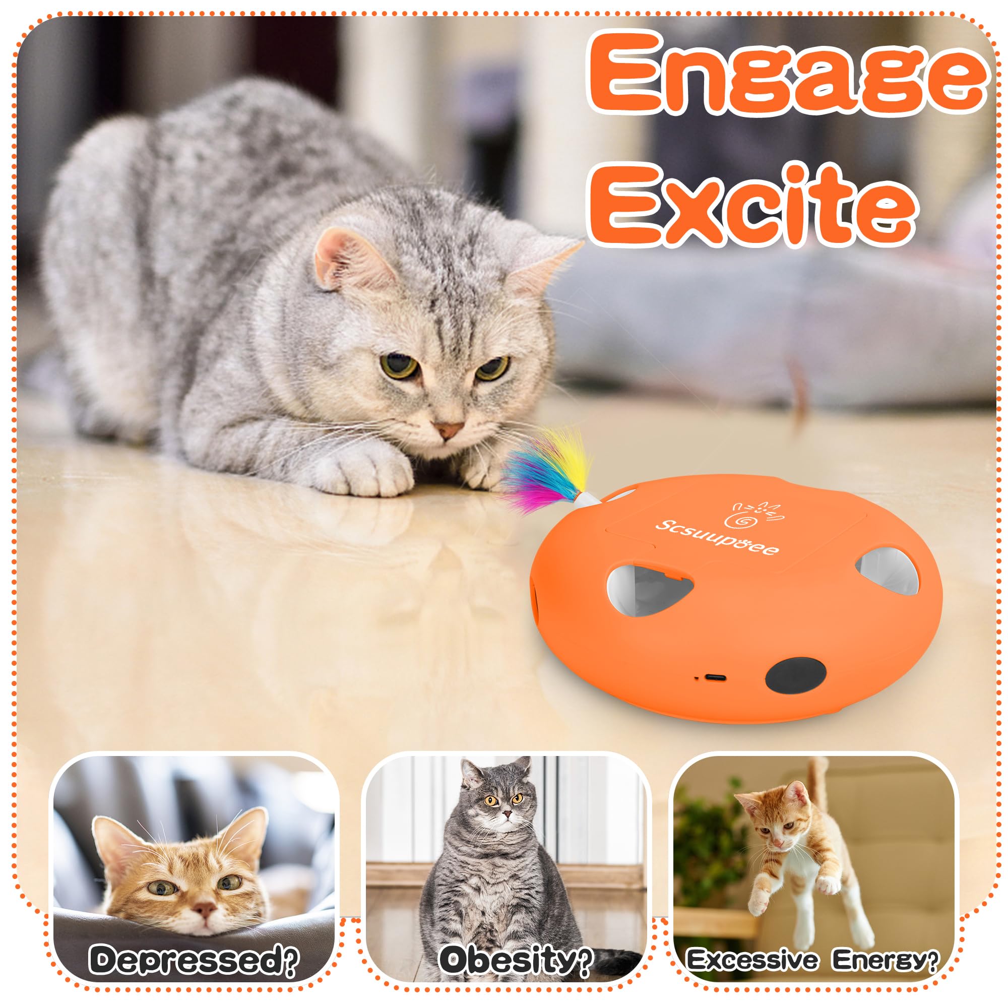 Scsuupoee cat toy smart sensor activates feather motion to save energy during play.