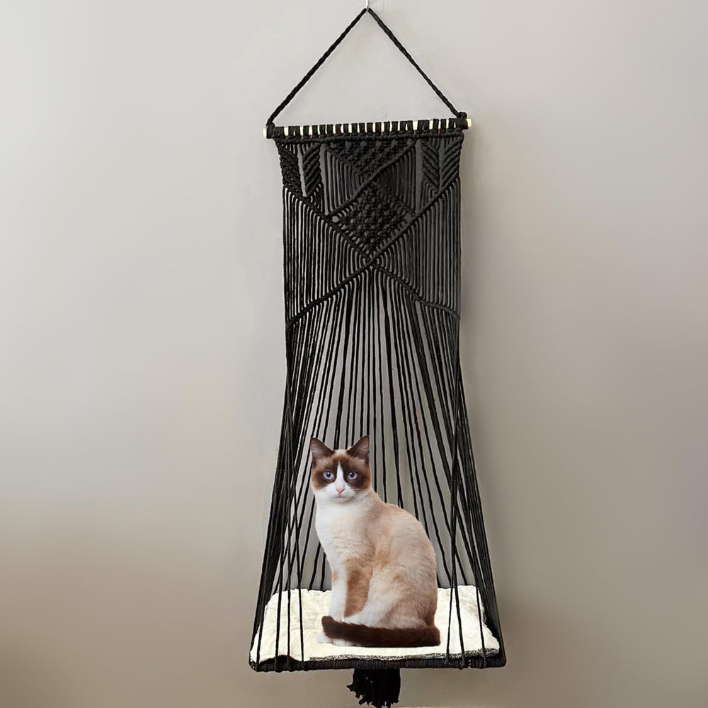 Sdjazl Macrame hammock wall-hanging display enhances room decor while comforting a cat.