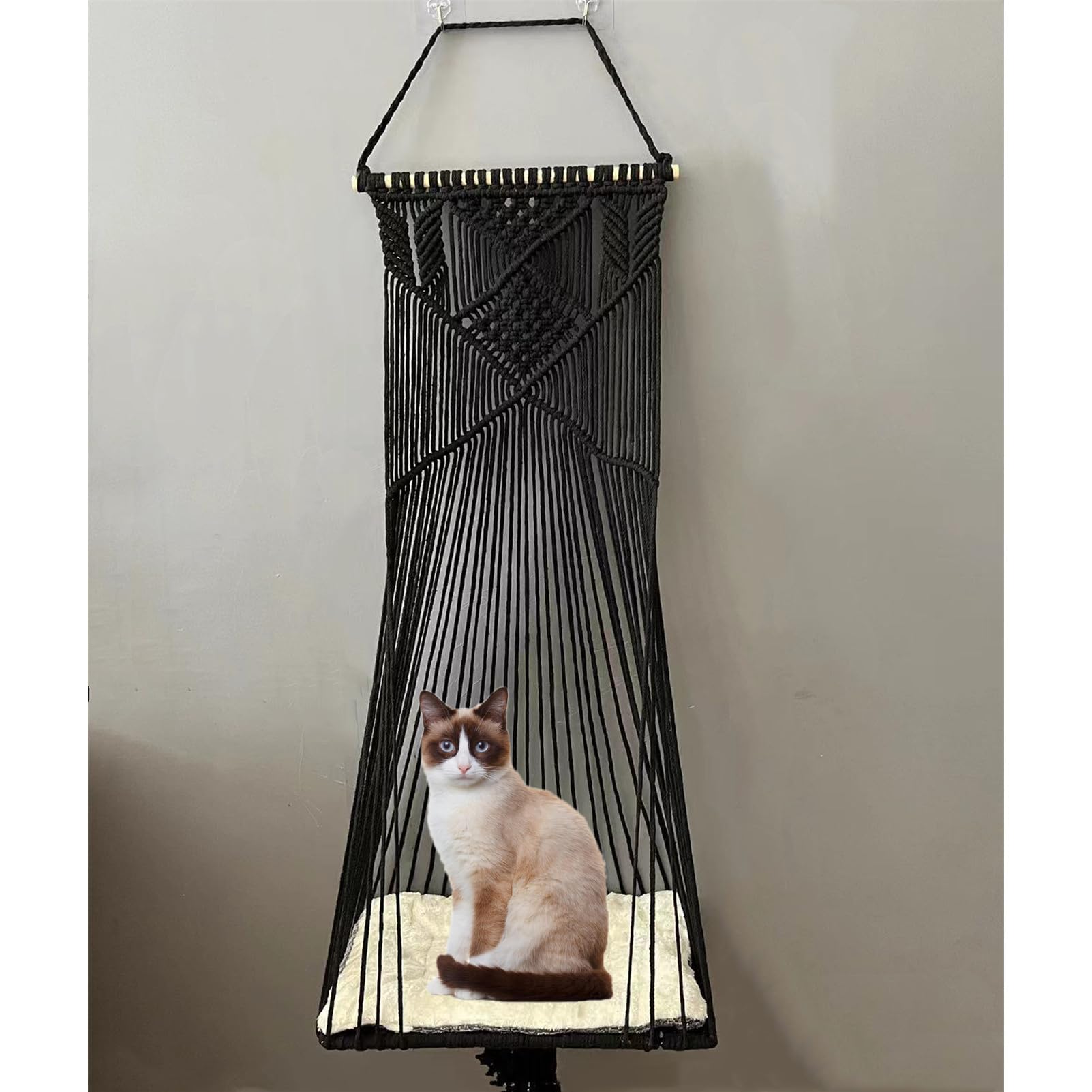 Sdjazl Macrame window perch wall mount presents stylish space-saving cat lounging.