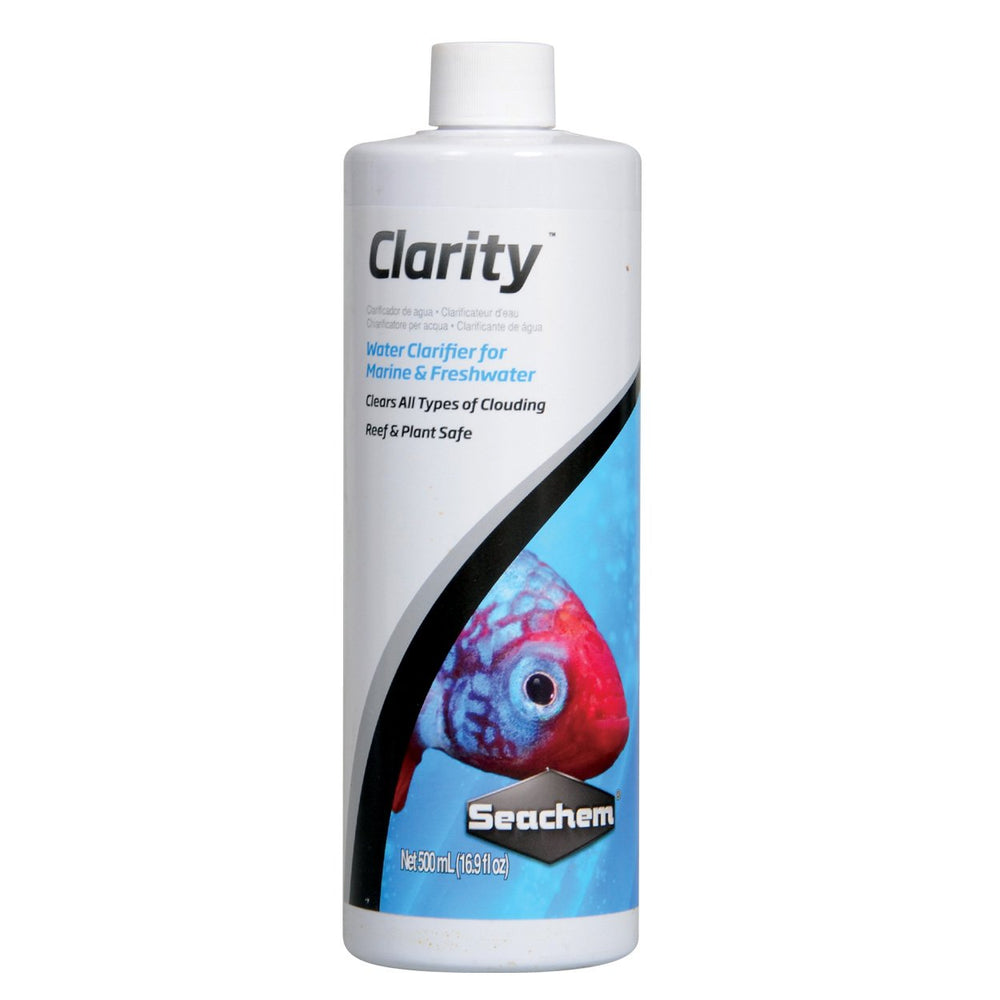 Seachem Clarity 500ml bottle front - improves cloudy aquarium water for marine and freshwater setups.