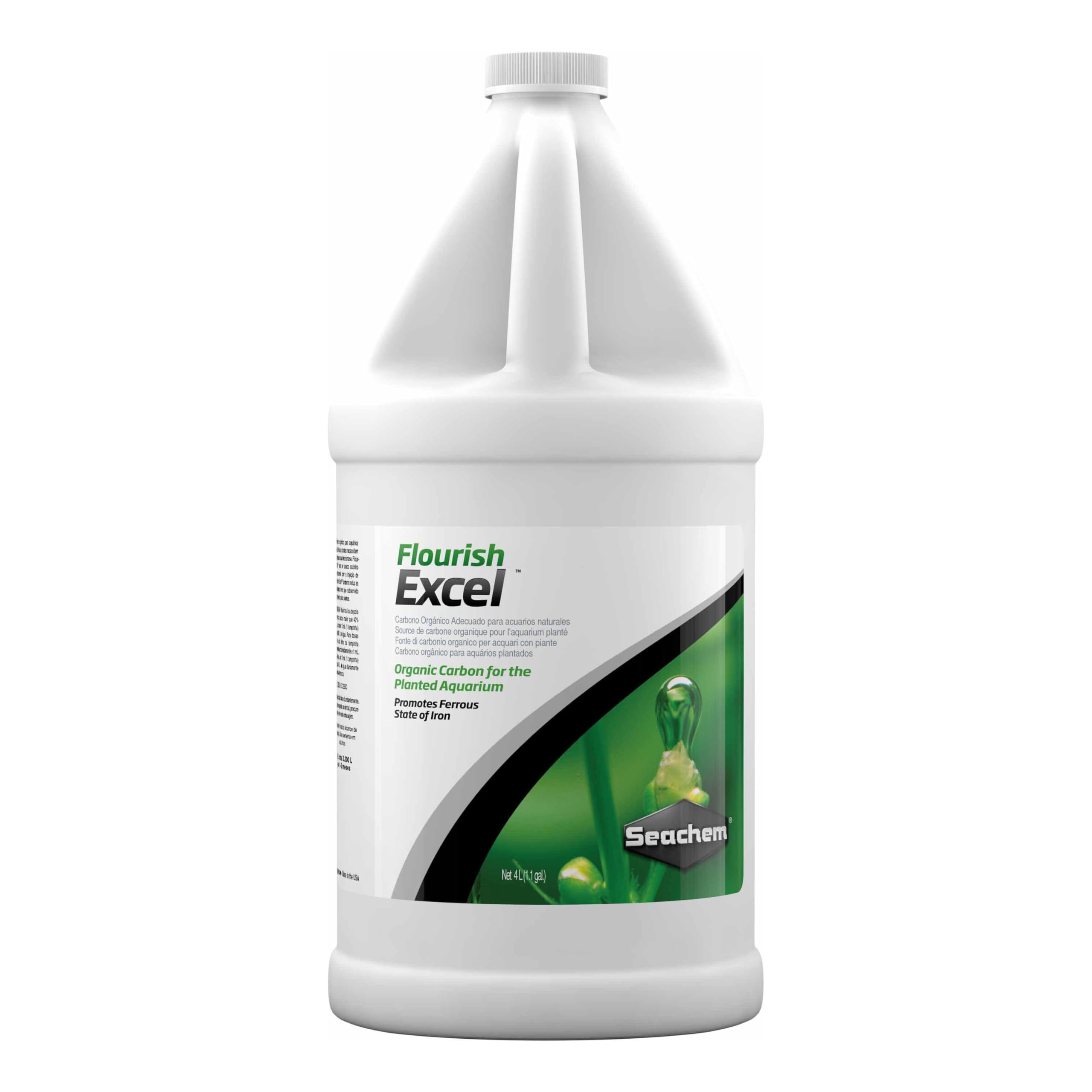 Seachem Flourish Excel bottle pouring delivers bioavailable carbon for healthier aquatic plant growth.