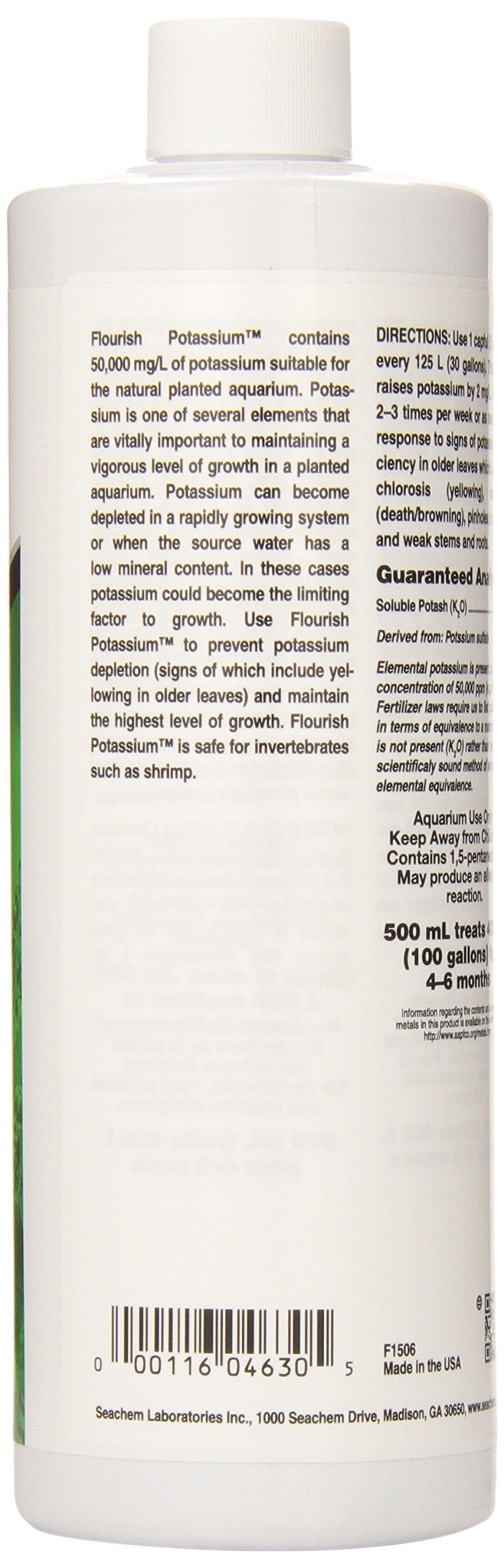 Close-up of Seachem Flourish Potassium label showing no phosphate or nitrate