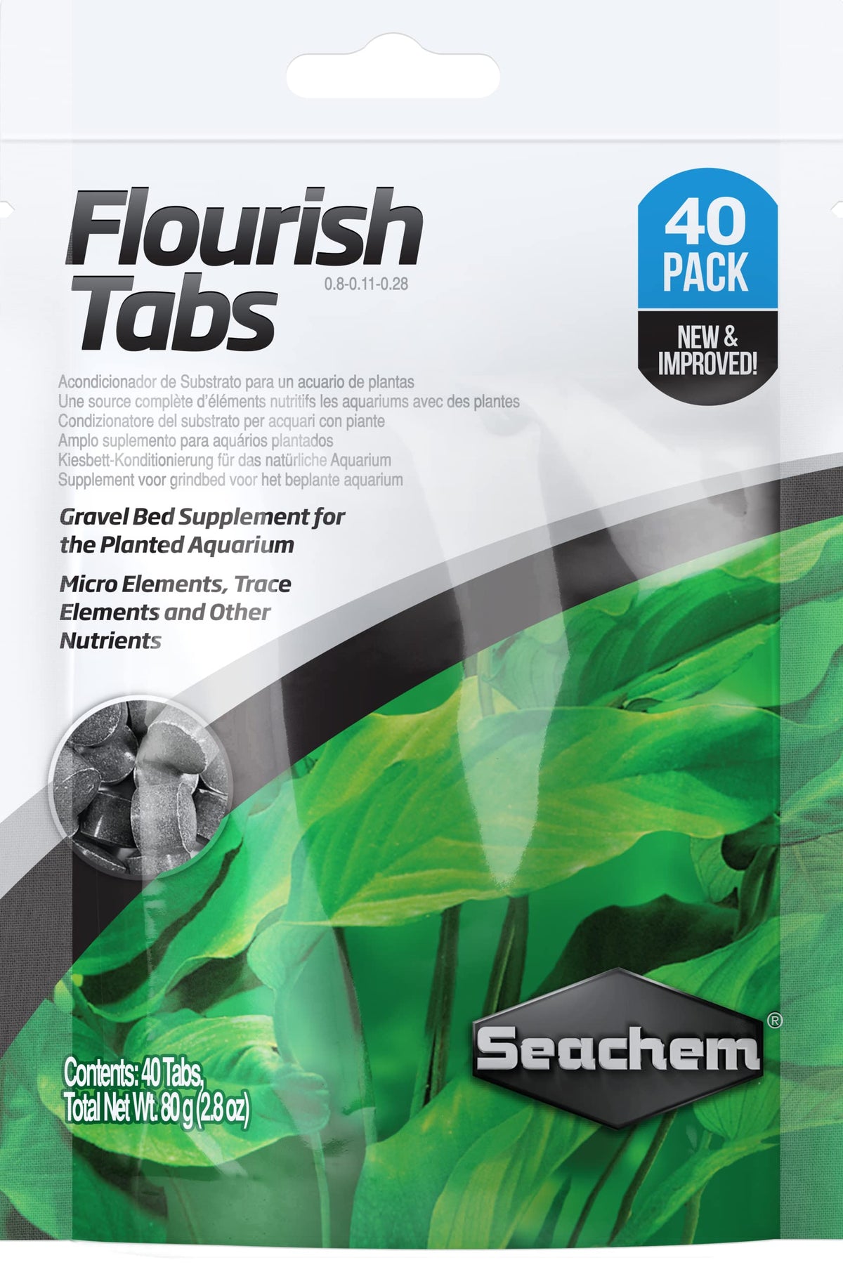 Seachem Flourish Tabs bottle front, providing root-zone nutrition for aquarium plants.