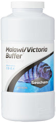 Seachem Malawi/Victoria Buffer bottle shows powder for stable pH and hardness.