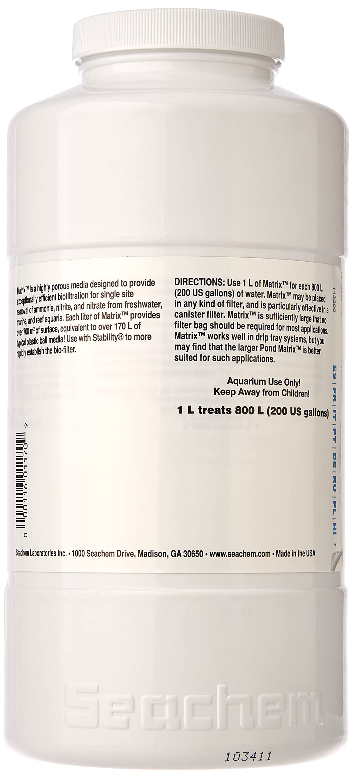Seachem Matrix Bio Media 1 Litro, dimensiones del empaque para almacenamiento ordenado.