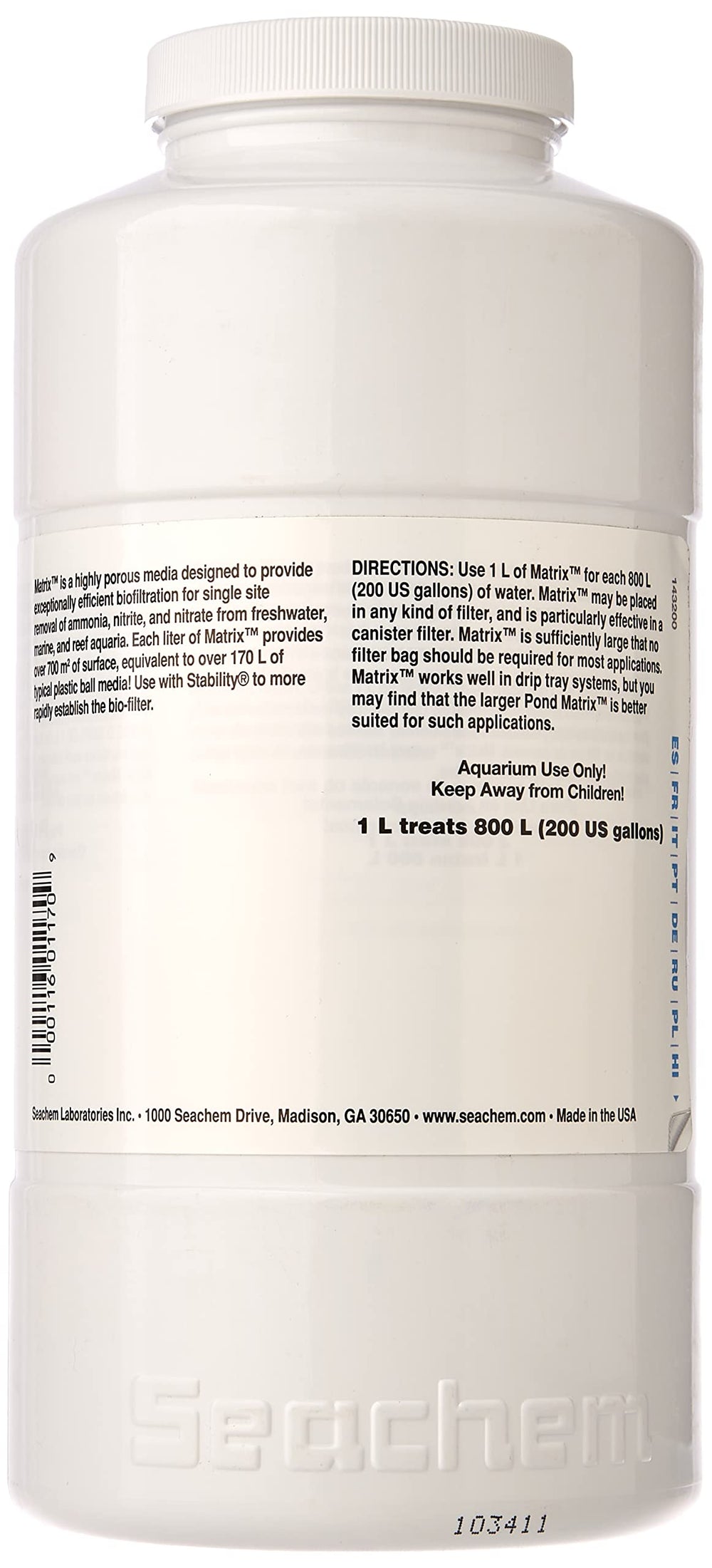 Seachem Matrix Bio Media 1 Litro, dimensiones del empaque para almacenamiento ordenado.