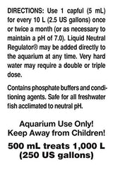 Seachem Neutral Regulator etiqueta del producto con guía de uso en acuario.