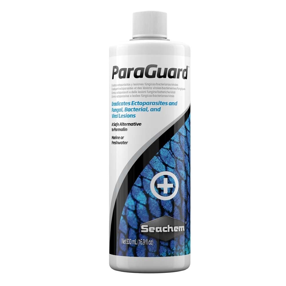 Seachem ParaGuard 500ml bottle image showing parasite control in freshwater and marine aquariums.