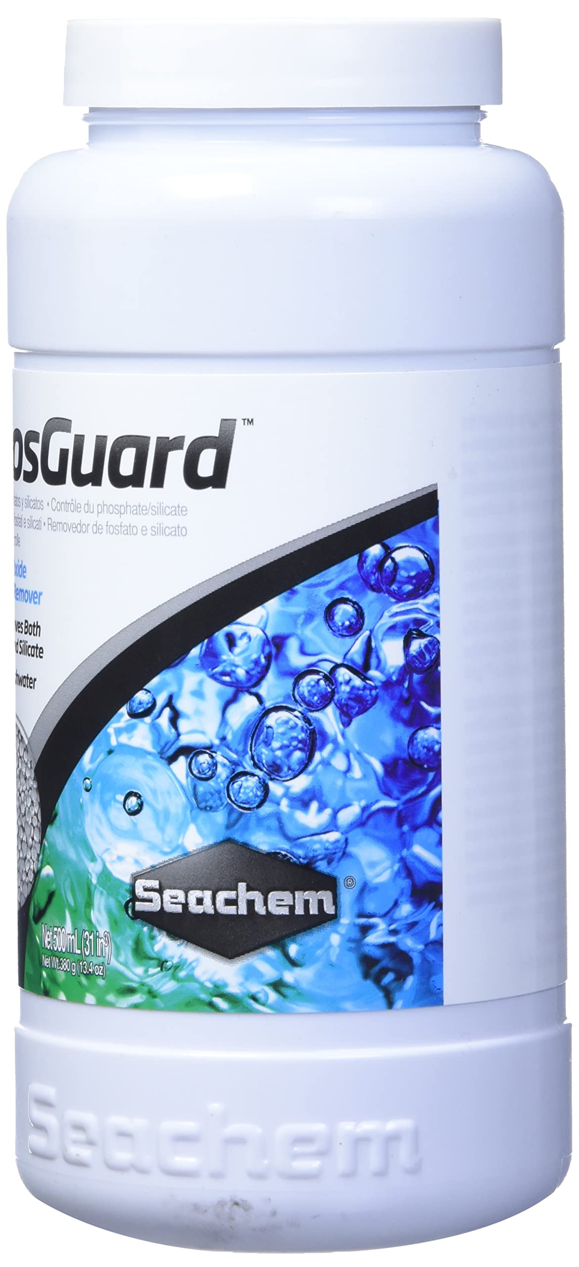 Seachem PhosGuard 500ml in an aquarium setup illustrating algae control potential.