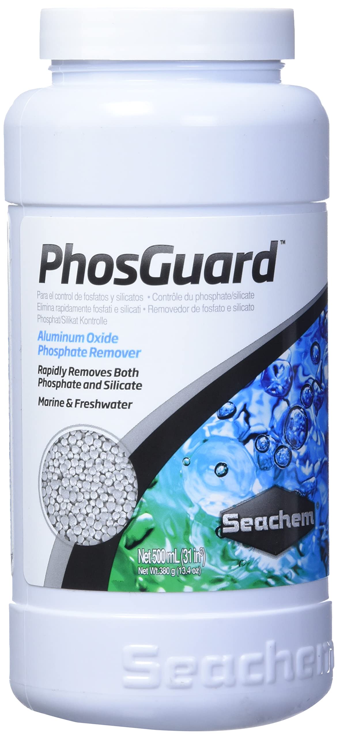 Seachem PhosGuard 500ml bottle front view for phosphate removal in aquariums.