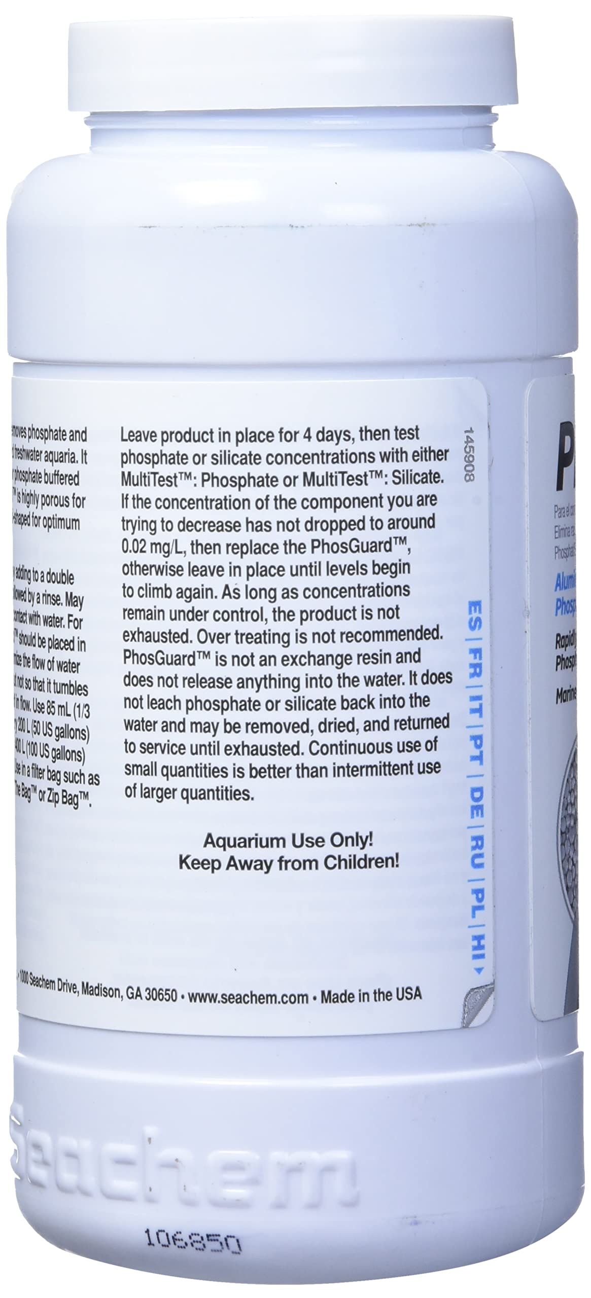 Seachem PhosGuard 500ml label detail highlighting all life stages suitability.