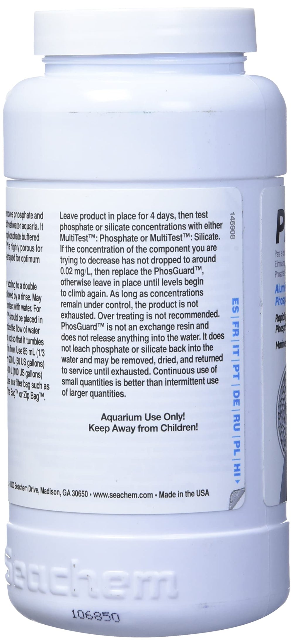 Seachem PhosGuard 500ml label detail highlighting all life stages suitability.