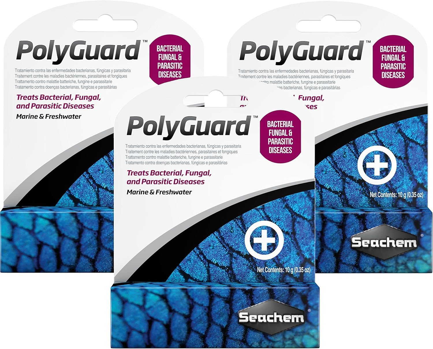 Seachem PolyGuard 3-pack box showing ready-to-use disease protection
