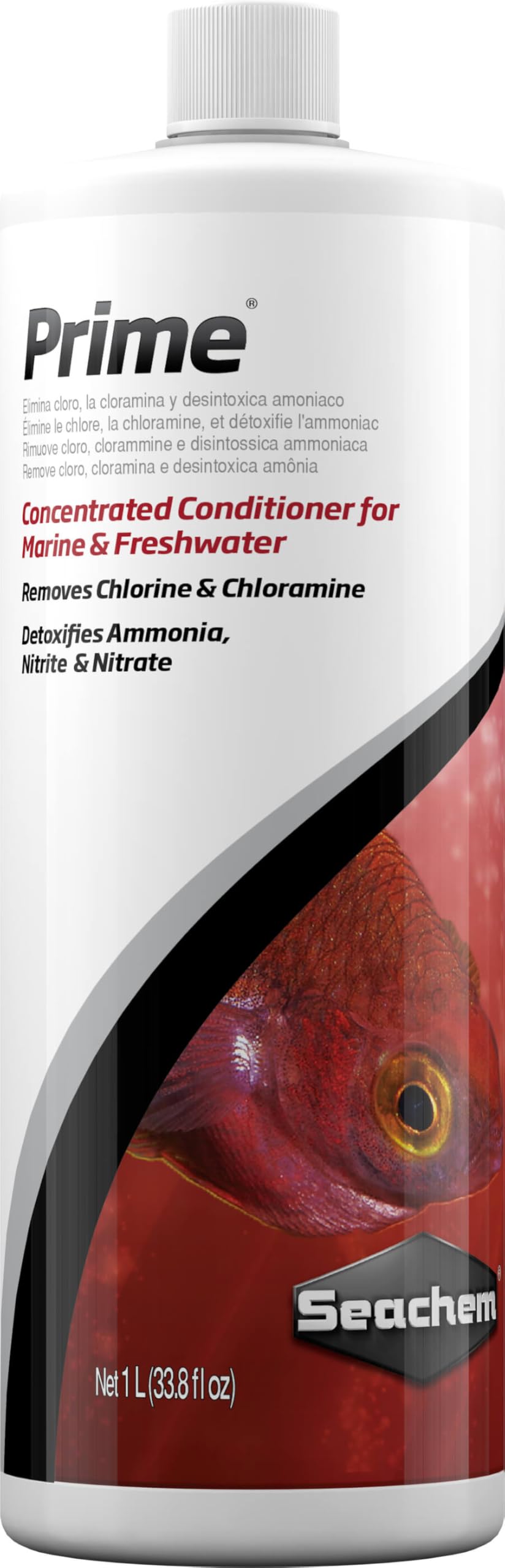 Seachem Prime bottle demonstrates chlorine removal for safer aquarium water.