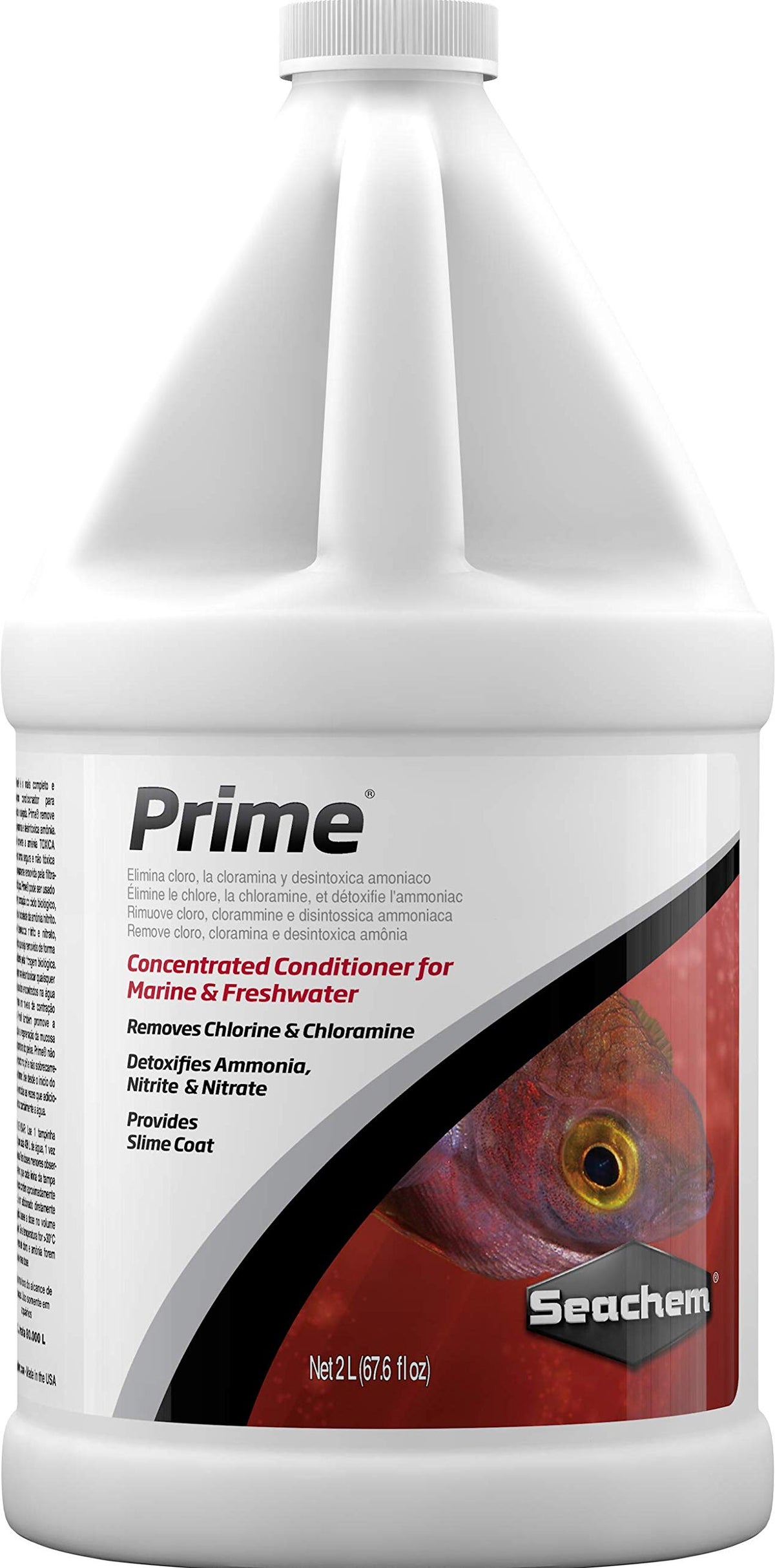 Seachem Prime bottle front shows the complete conditioner for fresh and saltwater tanks.