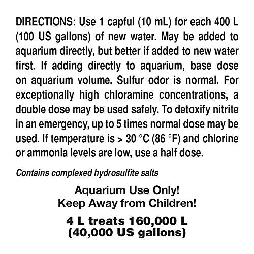 Seachem Prime cap dosing demonstrates precise 5 mL per 200 L instruction