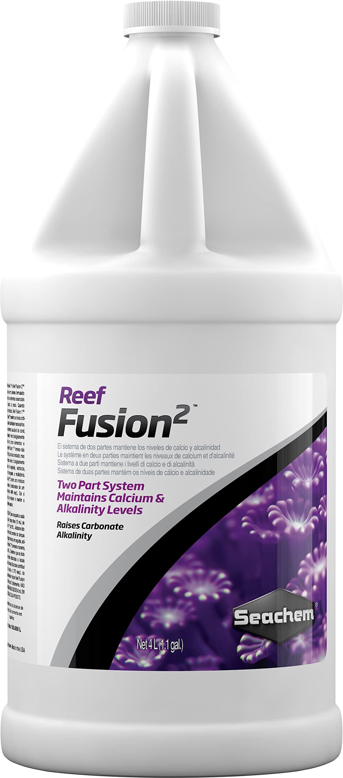 Seachem Reef Fusion 1 bottle close-up showing calcium supplement for corals.