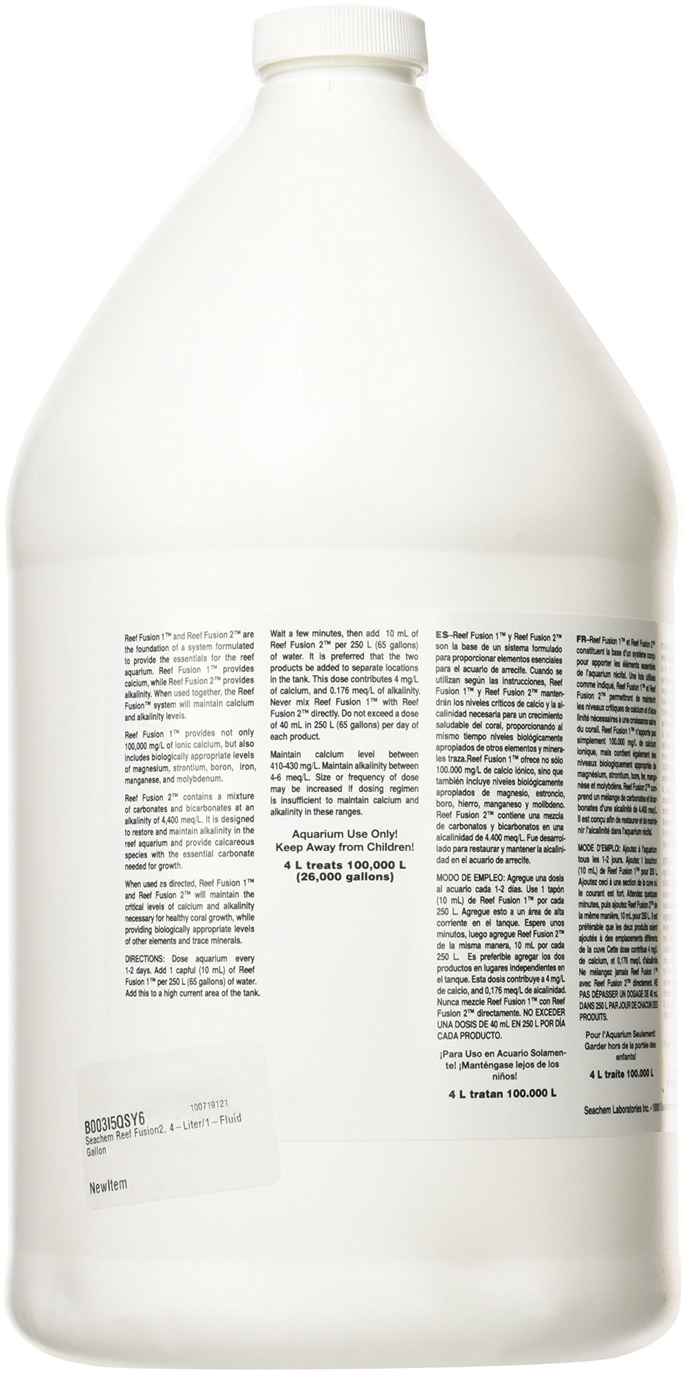 Seachem Reef Fusion 2 bottle close-up highlighting alkalinity support in reef tanks.