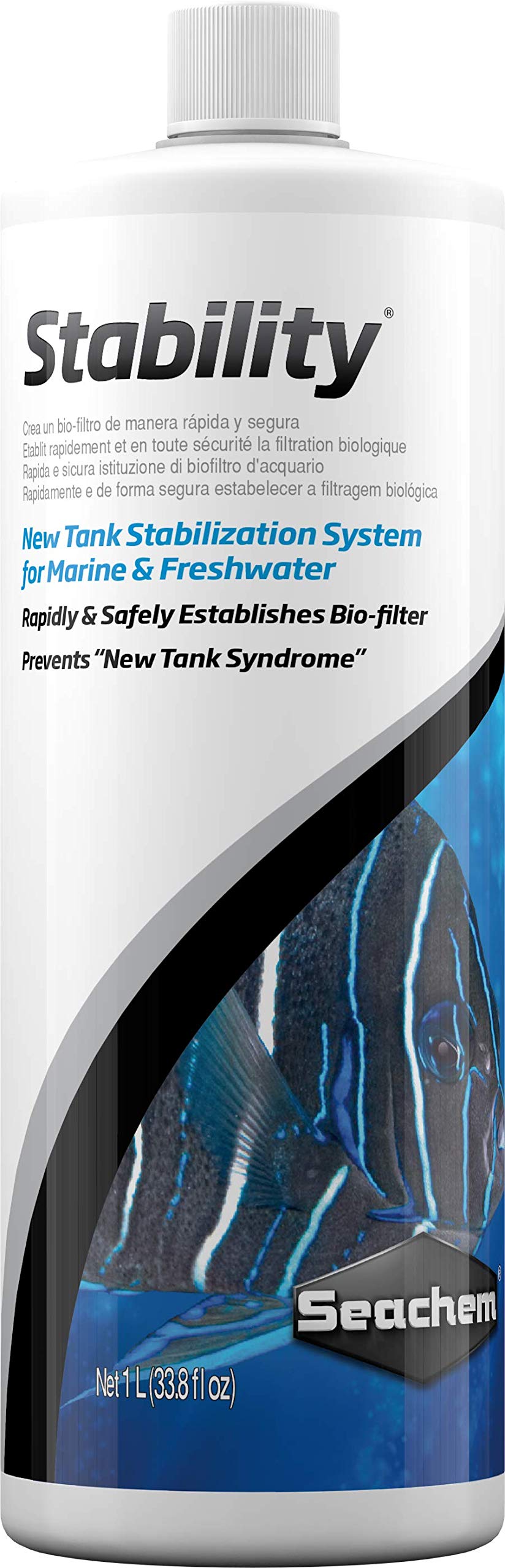 Seachem Stability 1L bottle pouring, helping quick biofilter setup for healthier tanks.