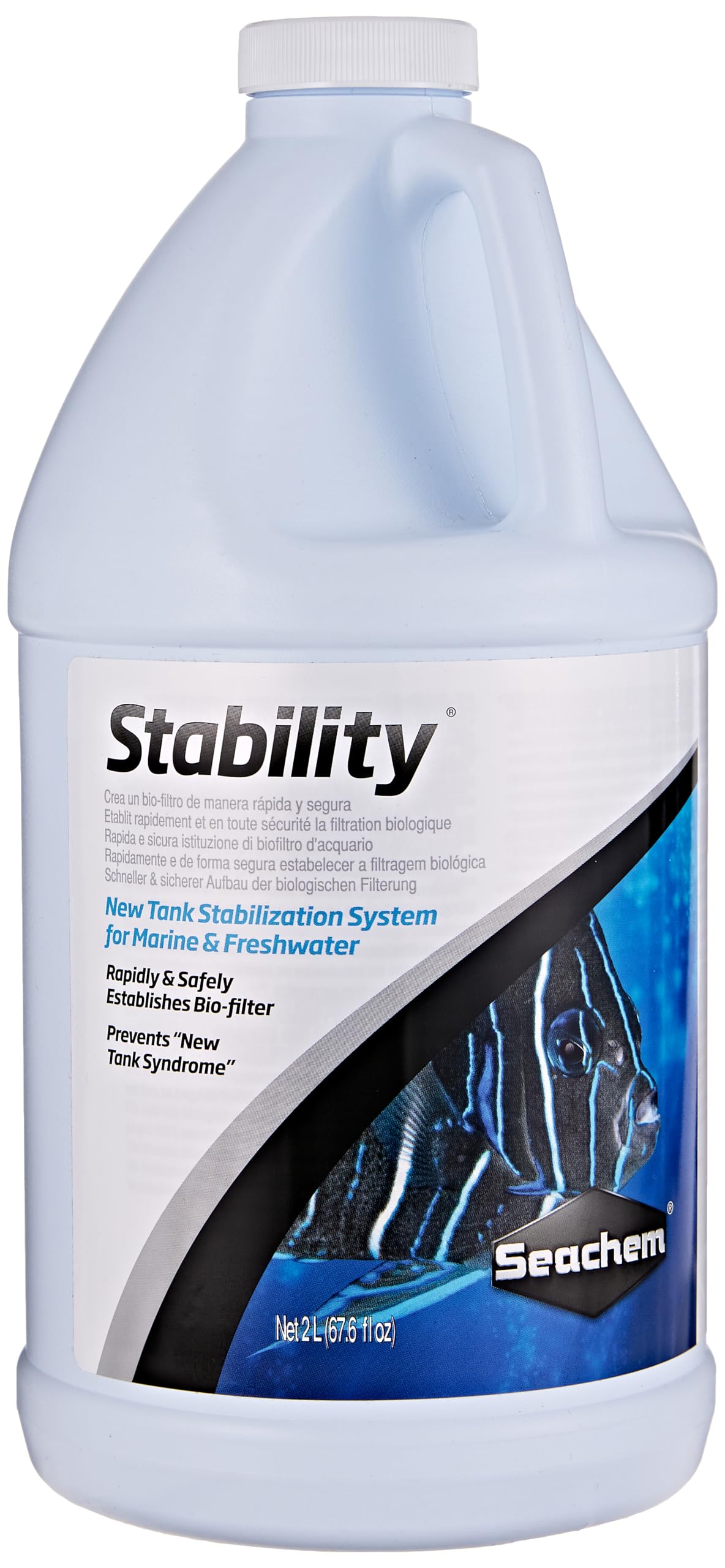 Seachem Stability bottle front view showing rapid biofilter support for fresh and marine tanks