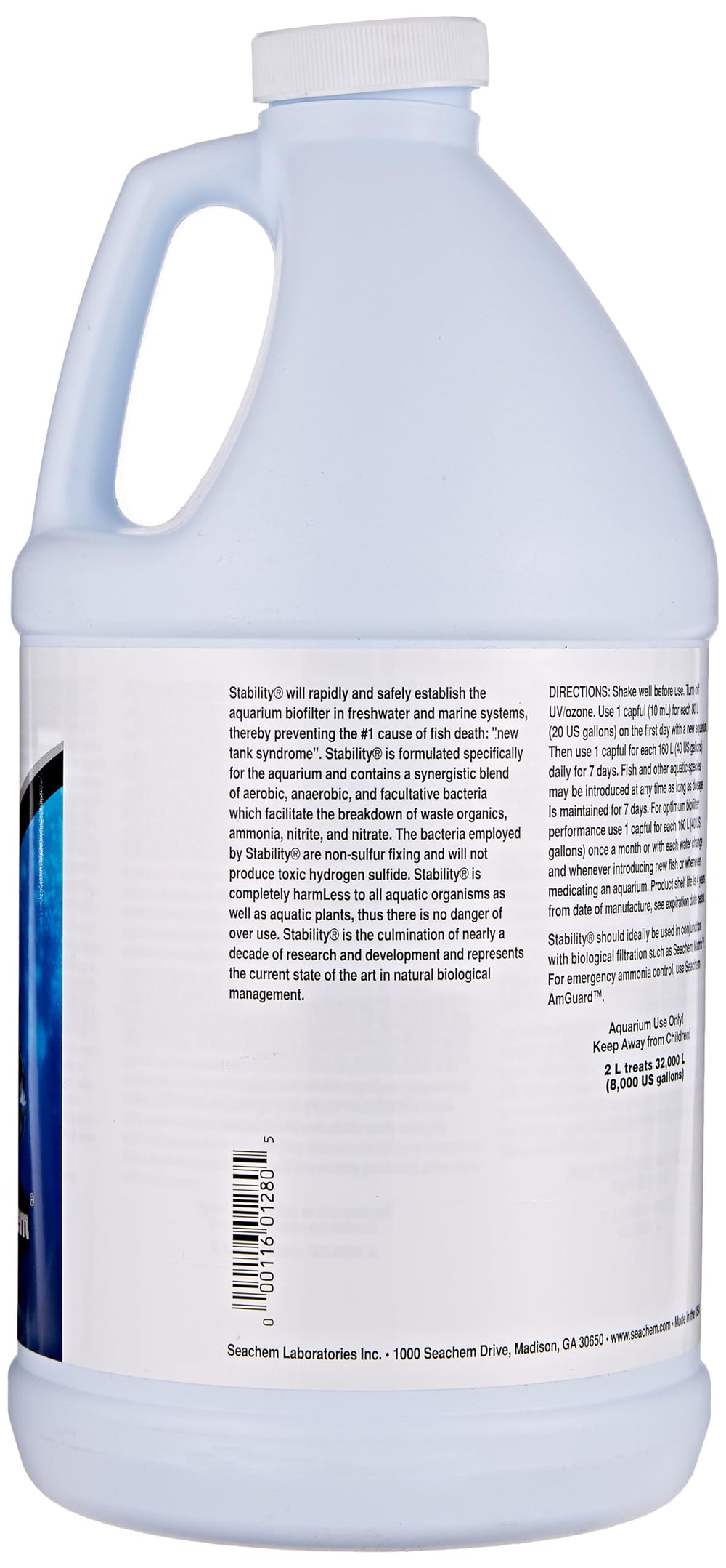 Seachem Stability bottle label noting safe, bacteria based stabilization for aquariums