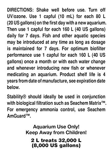 Seachem Stability bottle pouring action highlighting easy dosing for fast biofilter establishment