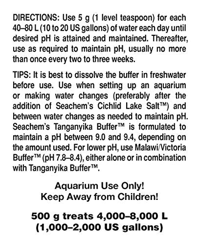 Seachem Tanganyika Buffer bottle closeup label highlighting KH and pH target ranges.