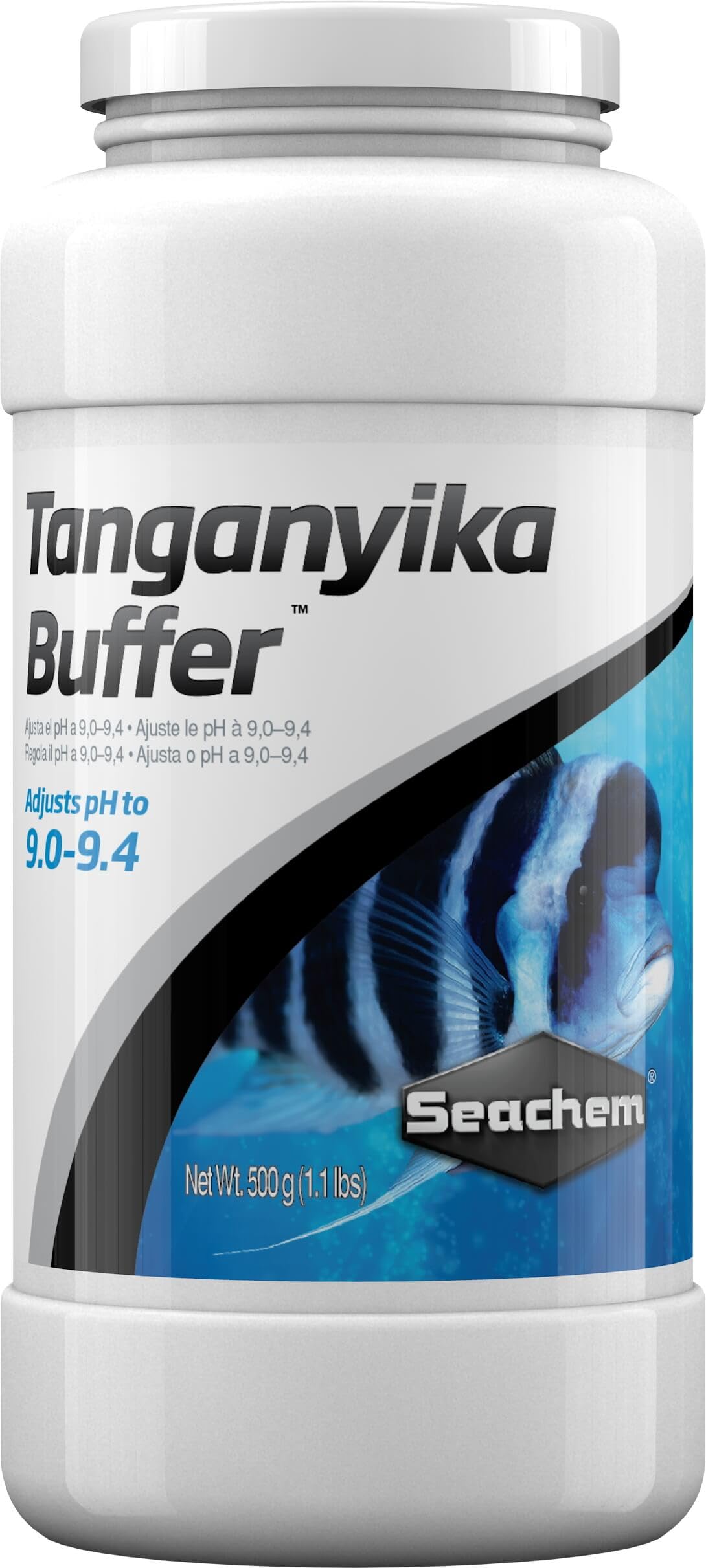 Seachem Tanganyika Buffer bottle pour demonstrates pH adjustment for stable Tanganyikan tanks.