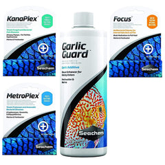 Seachem Treatments Ultimate Bundle Pack with MetroPlex, Kanaplex, Focus, GarlicGuard supports healthy fish.