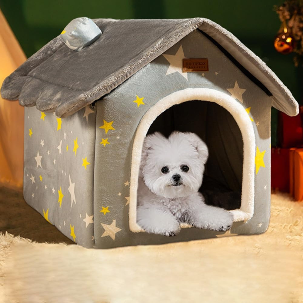 SEAHOME dog house kennel grey front view for cozy nesting and warmth.