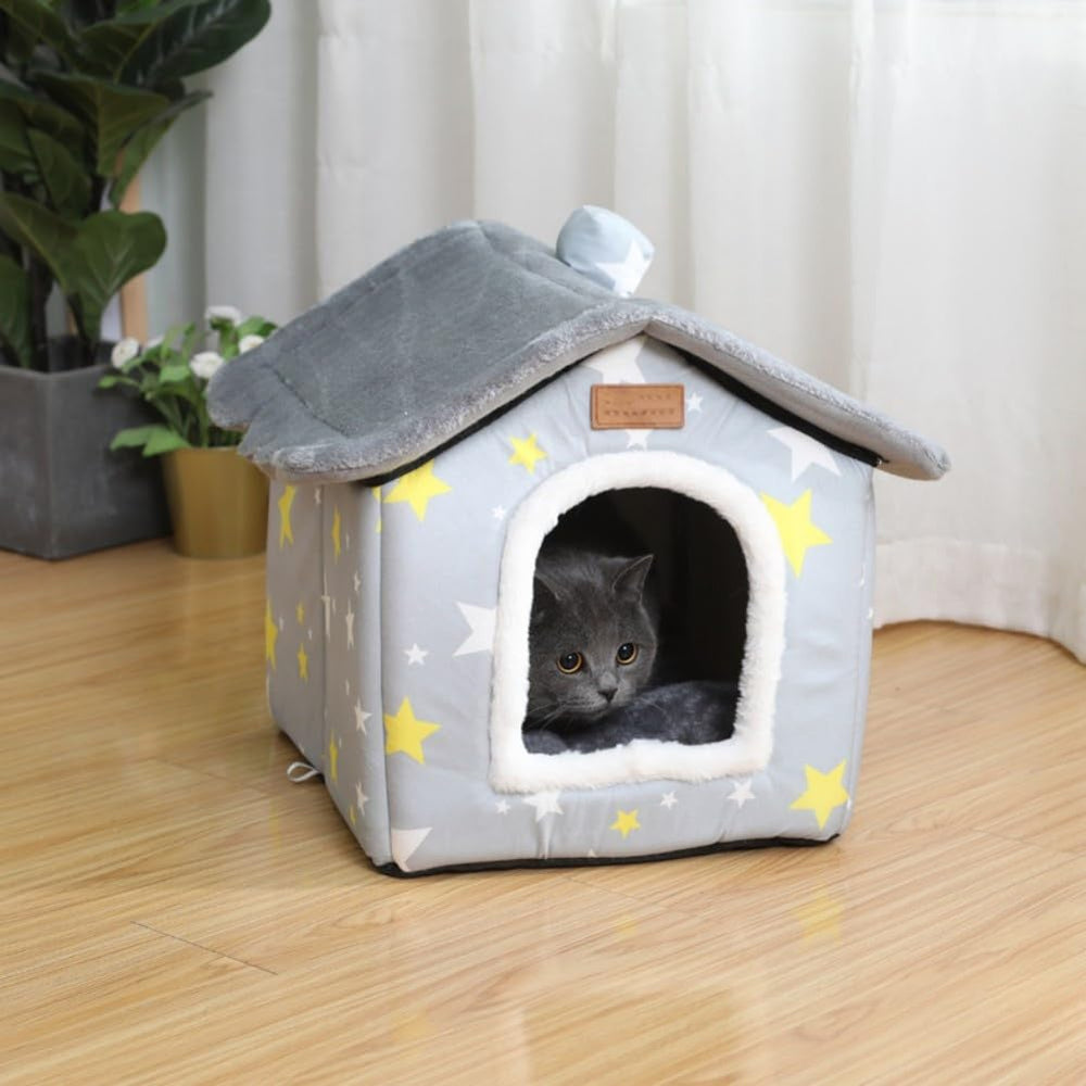 SEAHOME foldable pet house grey folded demonstrates portable storage and travel-ready pet nook.