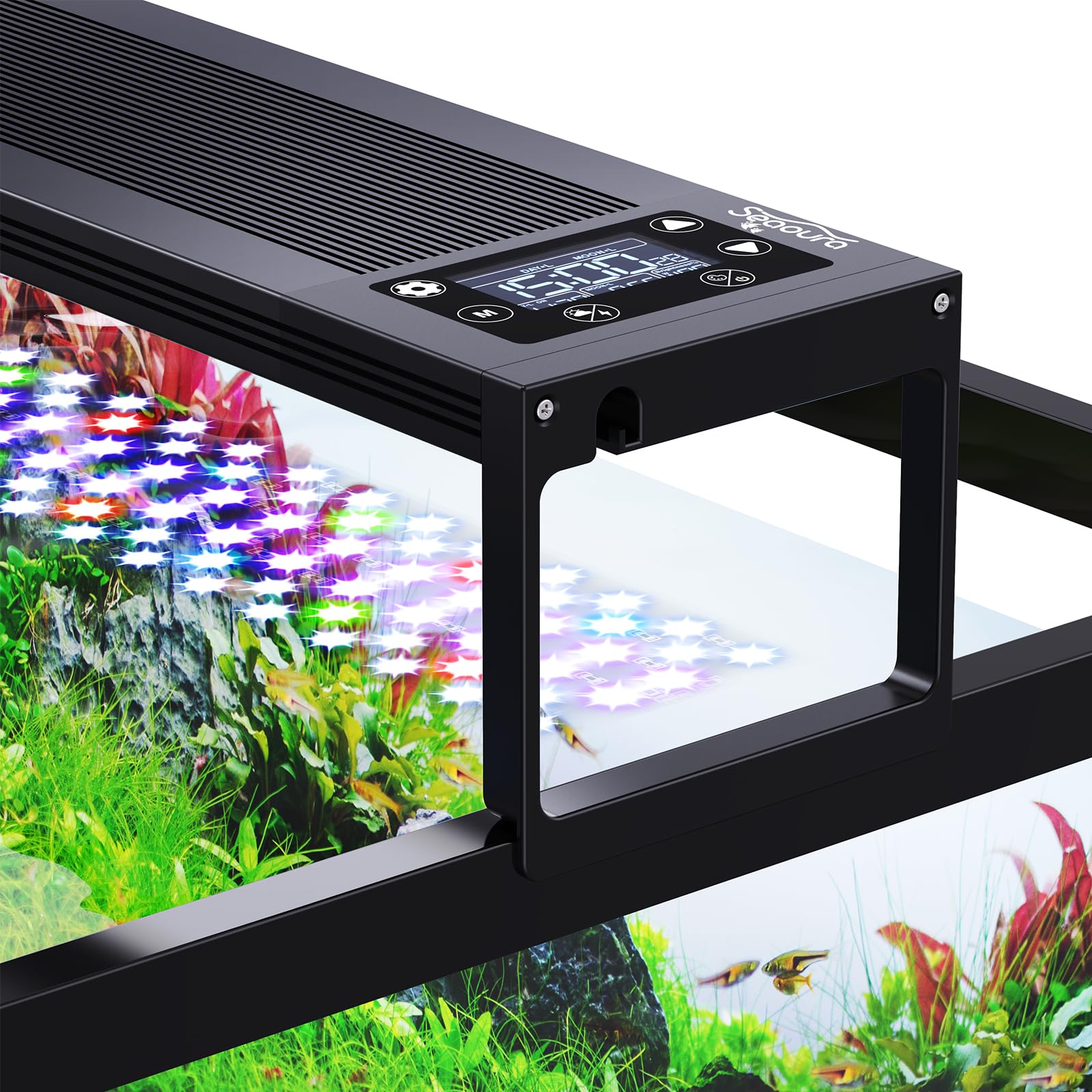 SEAOURA 24/7 LED aquarium light in front view showing even tank illumination