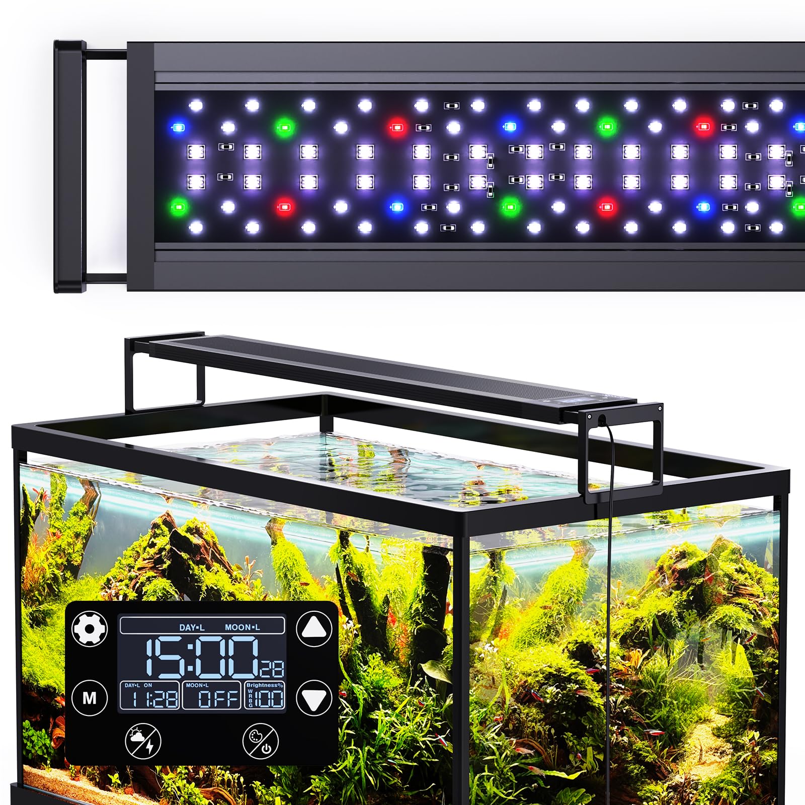 SEAOURA 247 LED aquarium light front view shows vibrant, even illumination for clear viewing