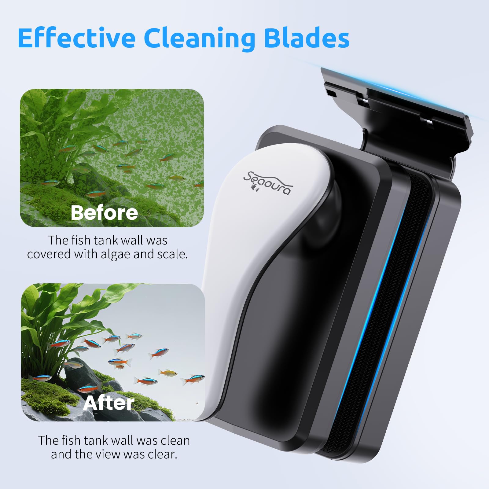 SEAOURA plastic blades prevent scratches while removing tough algae