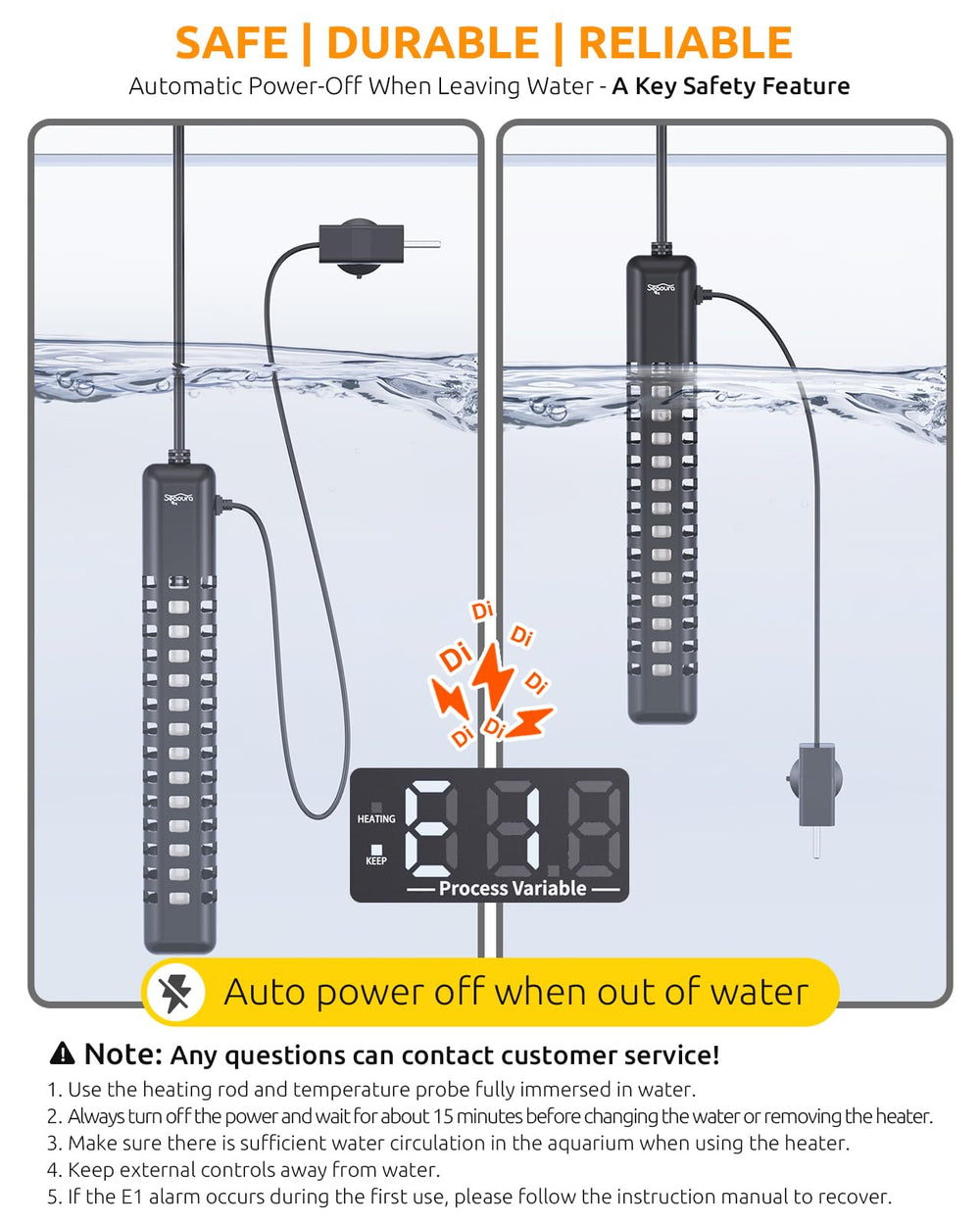SEAOURA aquarium heater over-temp alarm and auto shutoff enhance safety.