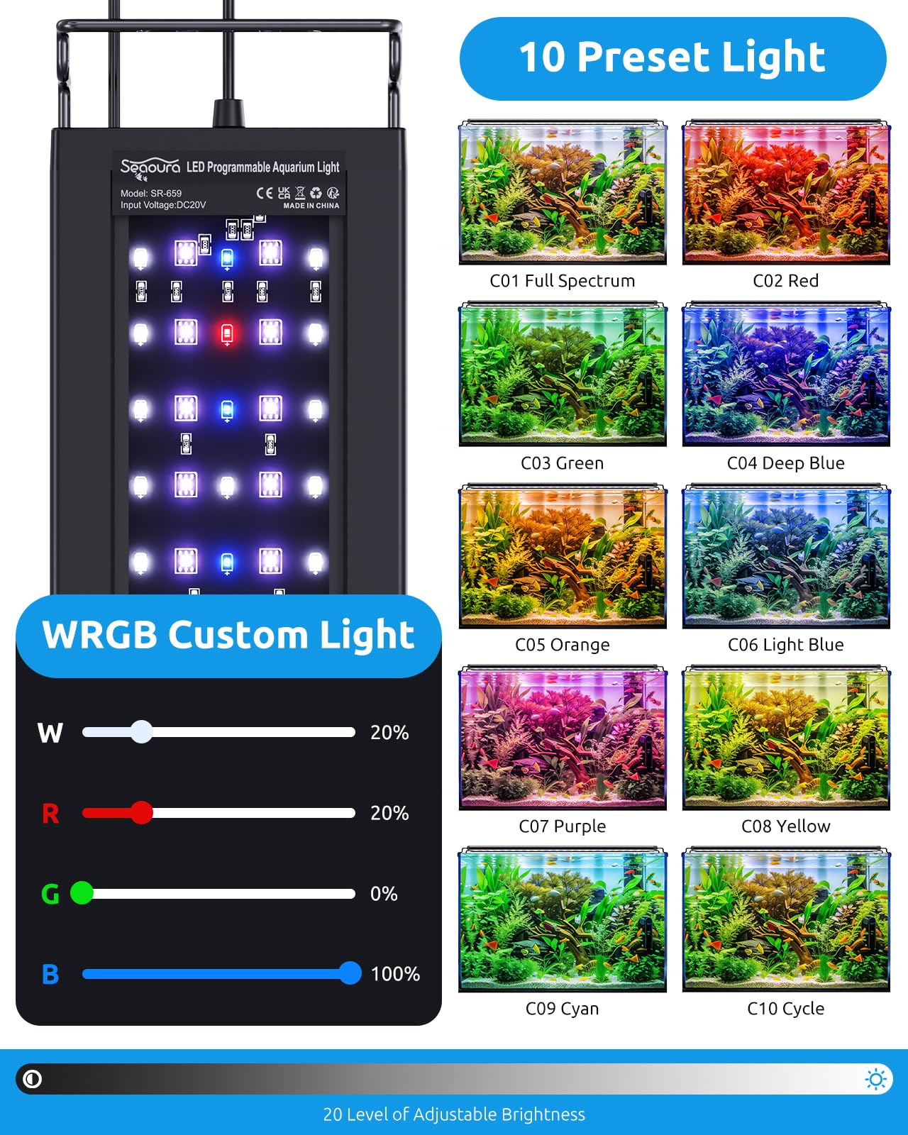 SEAOURA Aquarium LED Light thermometer display shows real-time water temperature.