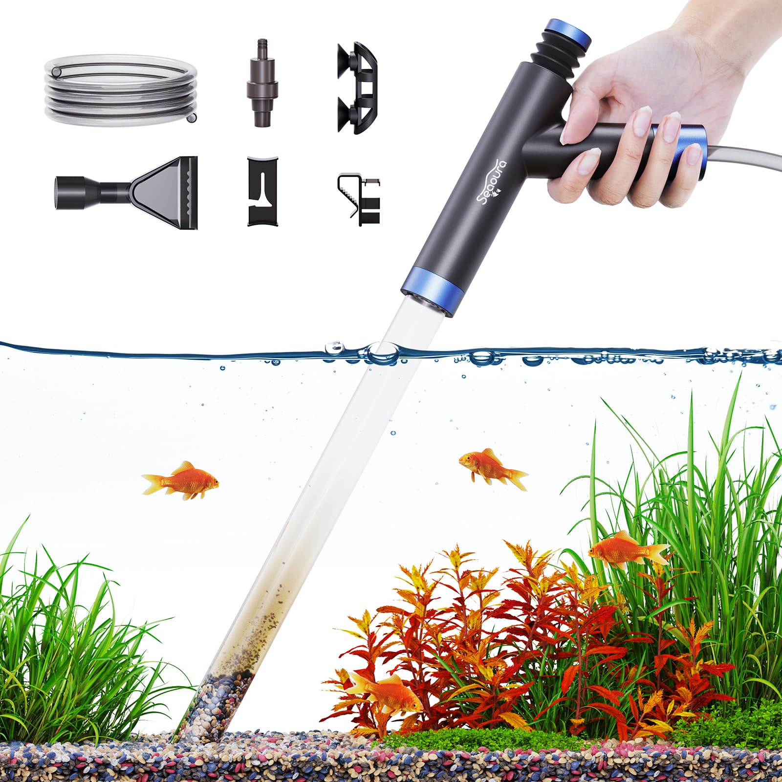 SEAOURA aquarium siphon pump setup enables quick, quiet gravel cleaning at home.
