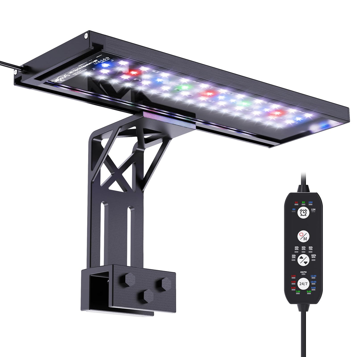 SEAOURA clip-on aquarium light full spectrum highlights vibrant plant growth and natural colors.