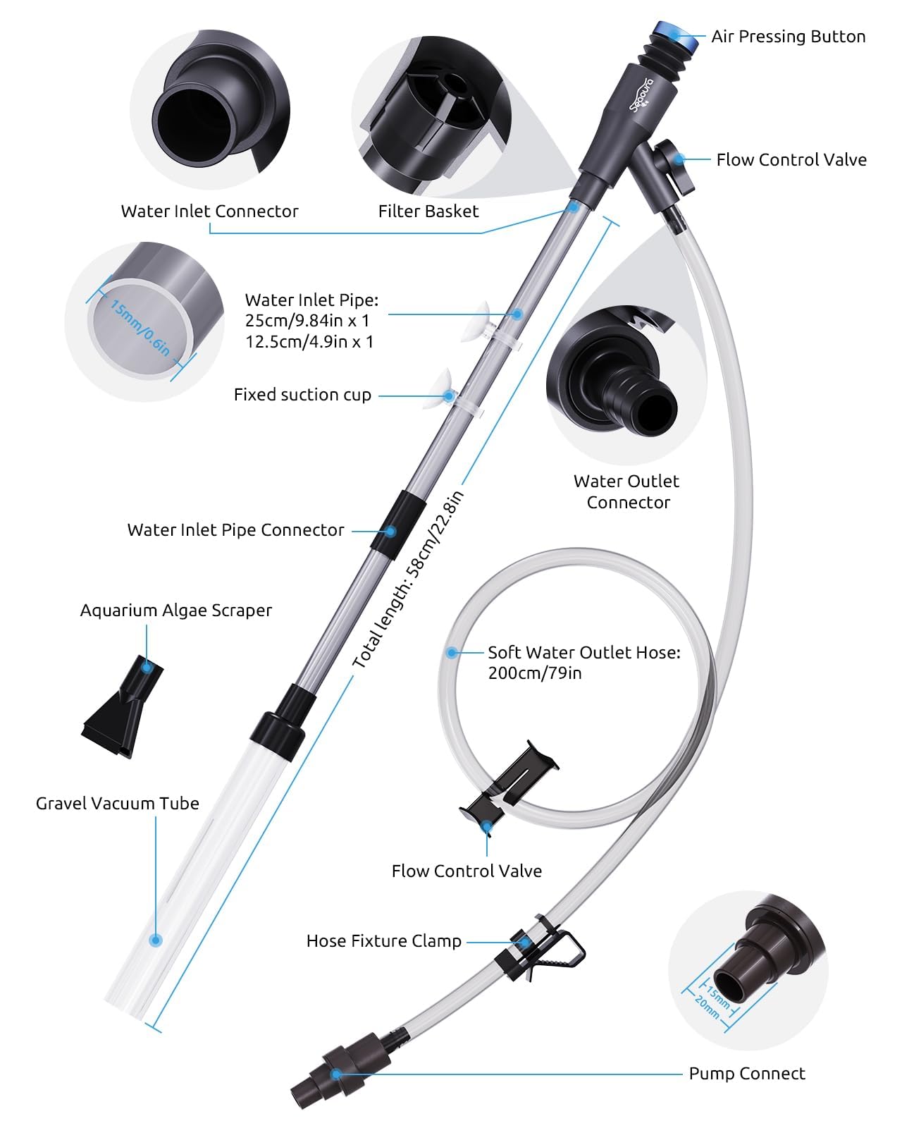 SEAOURA compact-design vacuum in small tanks provides easy access to corners.
