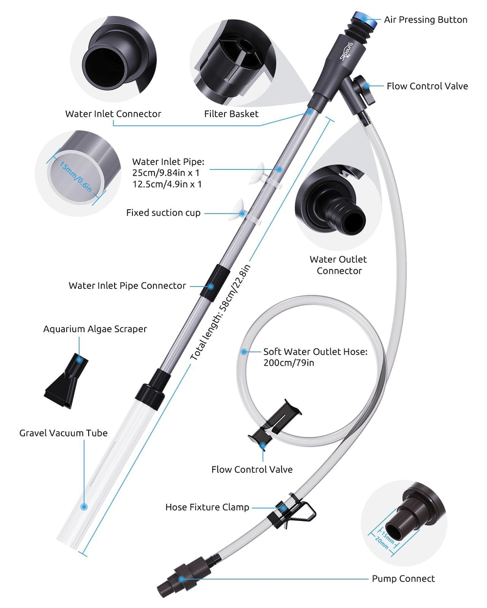 SEAOURA compact-design vacuum in small tanks provides easy access to corners.