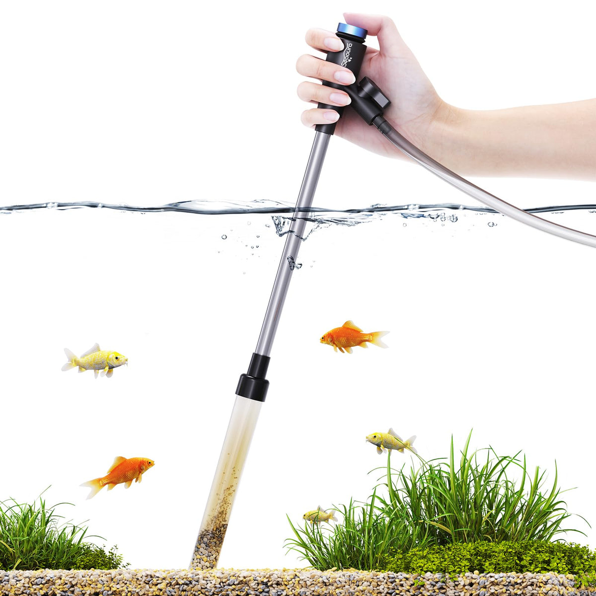 SEAOURA gravel vacuum front view shows compact design for quick nano-tank cleaning.