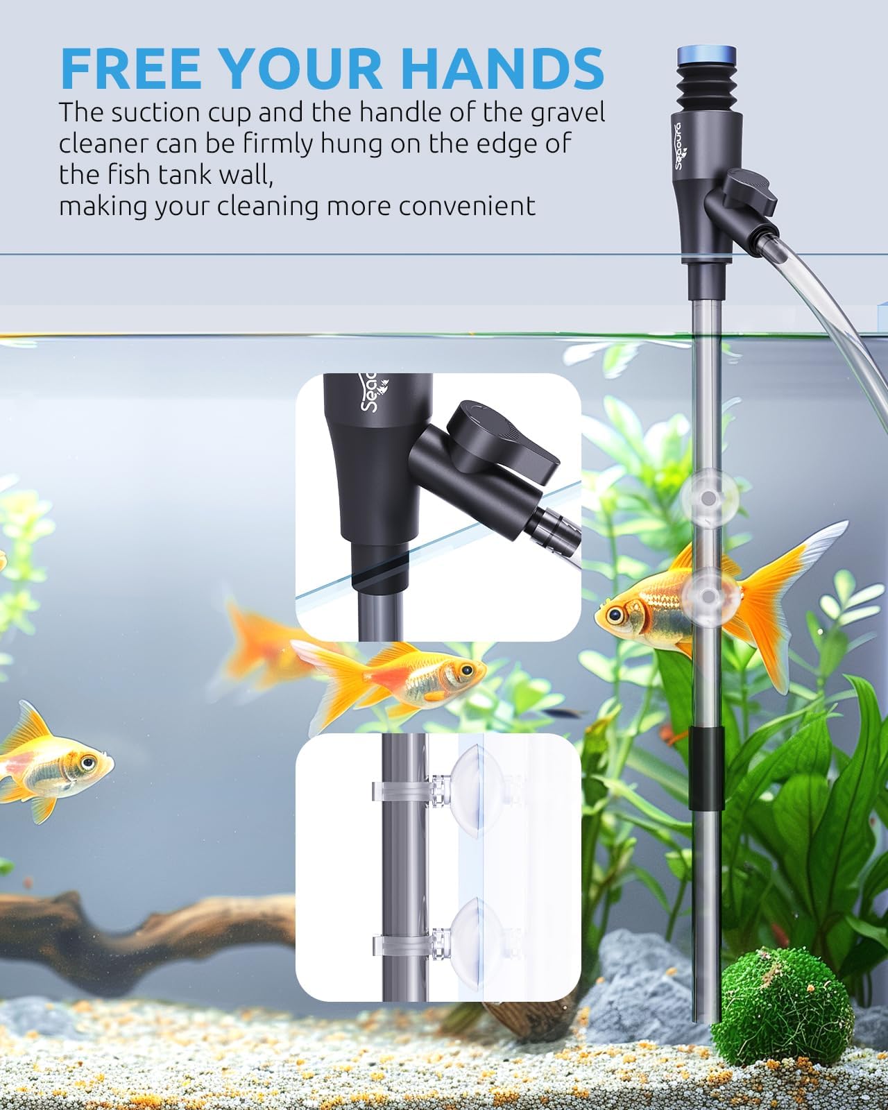 SEAOURA small-tank use image shows efficient water changes without power.