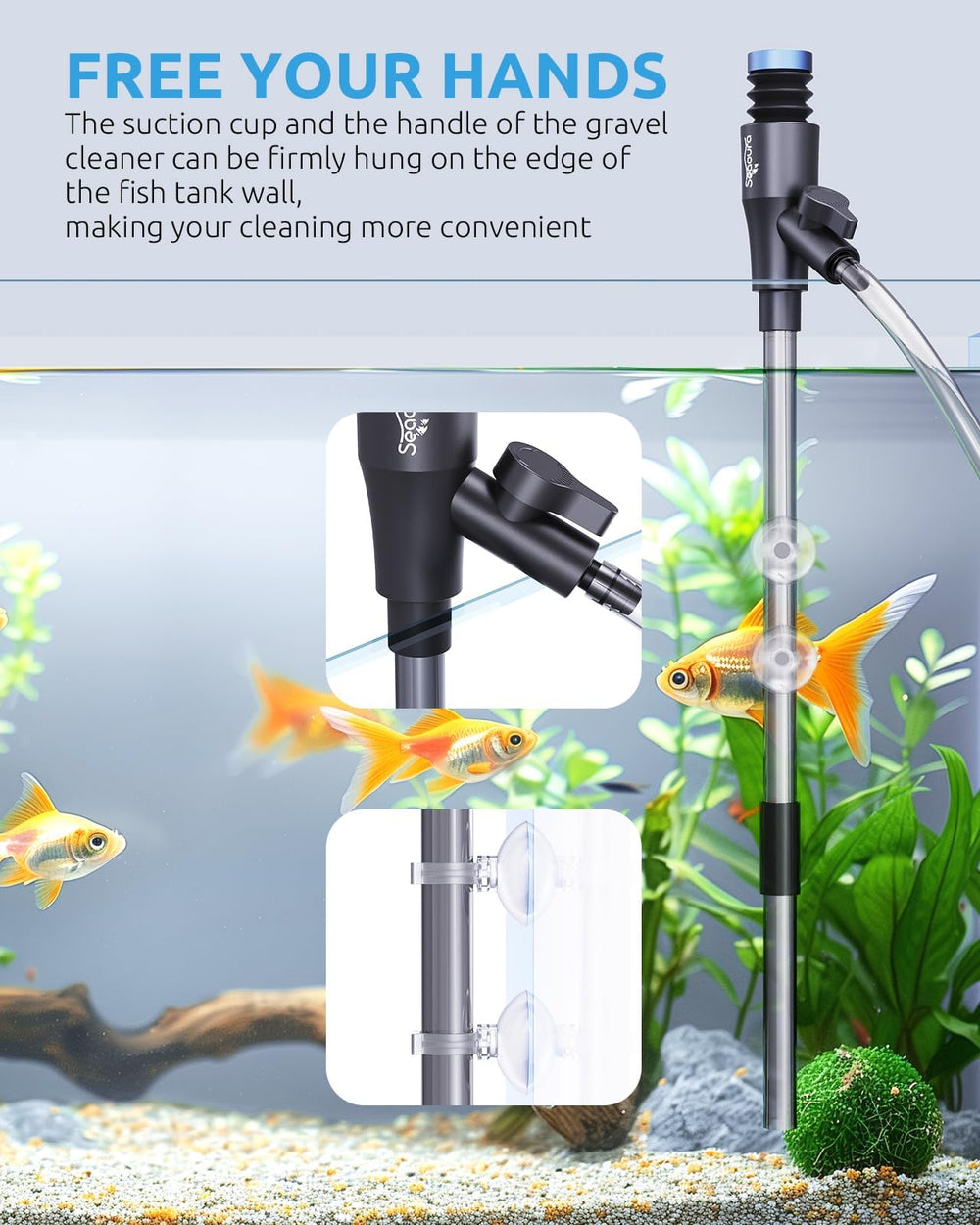 SEAOURA small-tank use image shows efficient water changes without power.