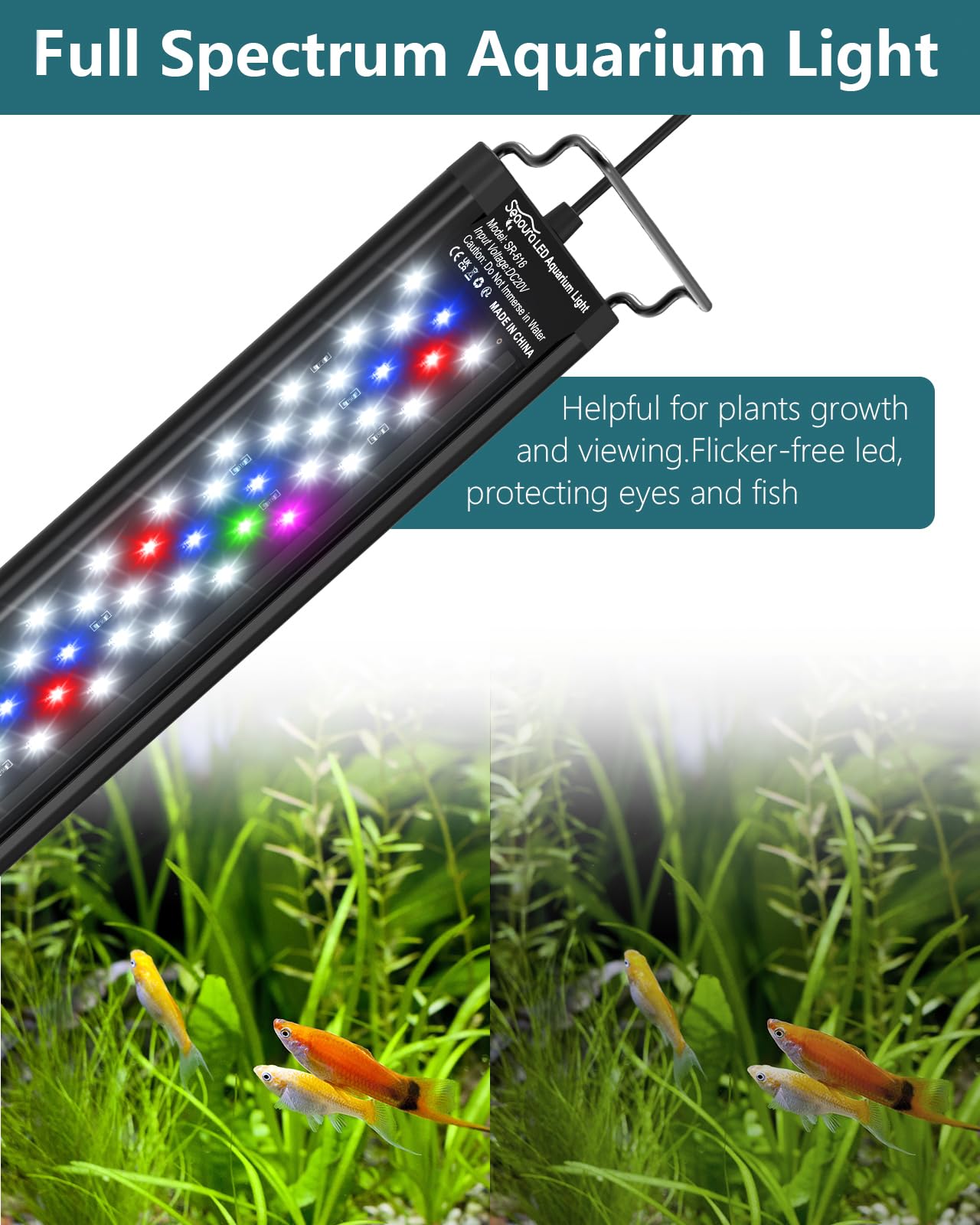 SEAOURA LED aquarium light 6500K white spectrum provides natural illumination for tanks.