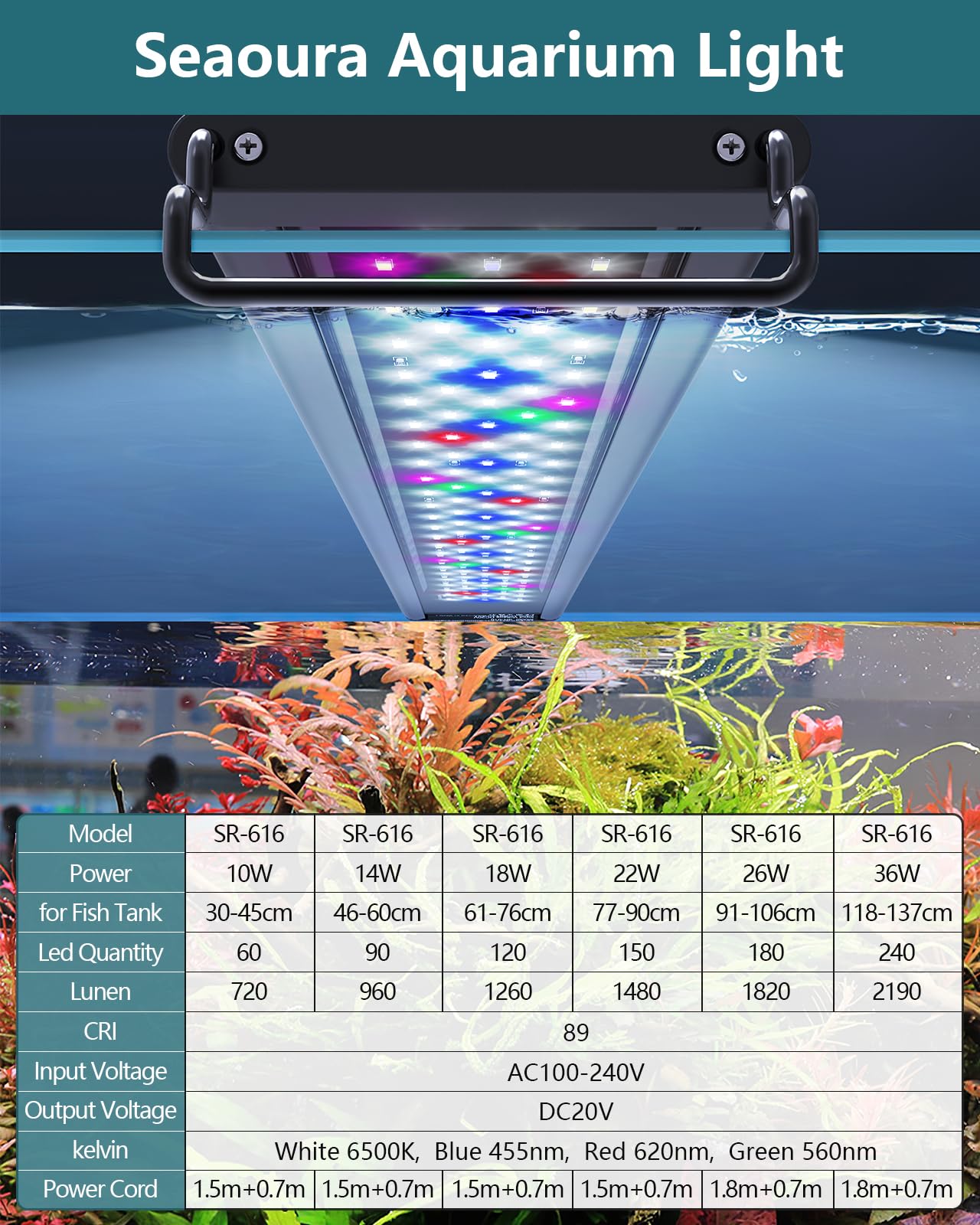 SEAOURA LED aquarium light ABS shell offers heat dissipation for reliability.