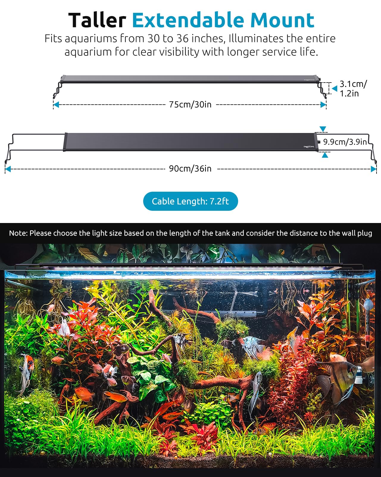 SEAOURA LED Aquarium Light extends to cover corners with its taller bracket.