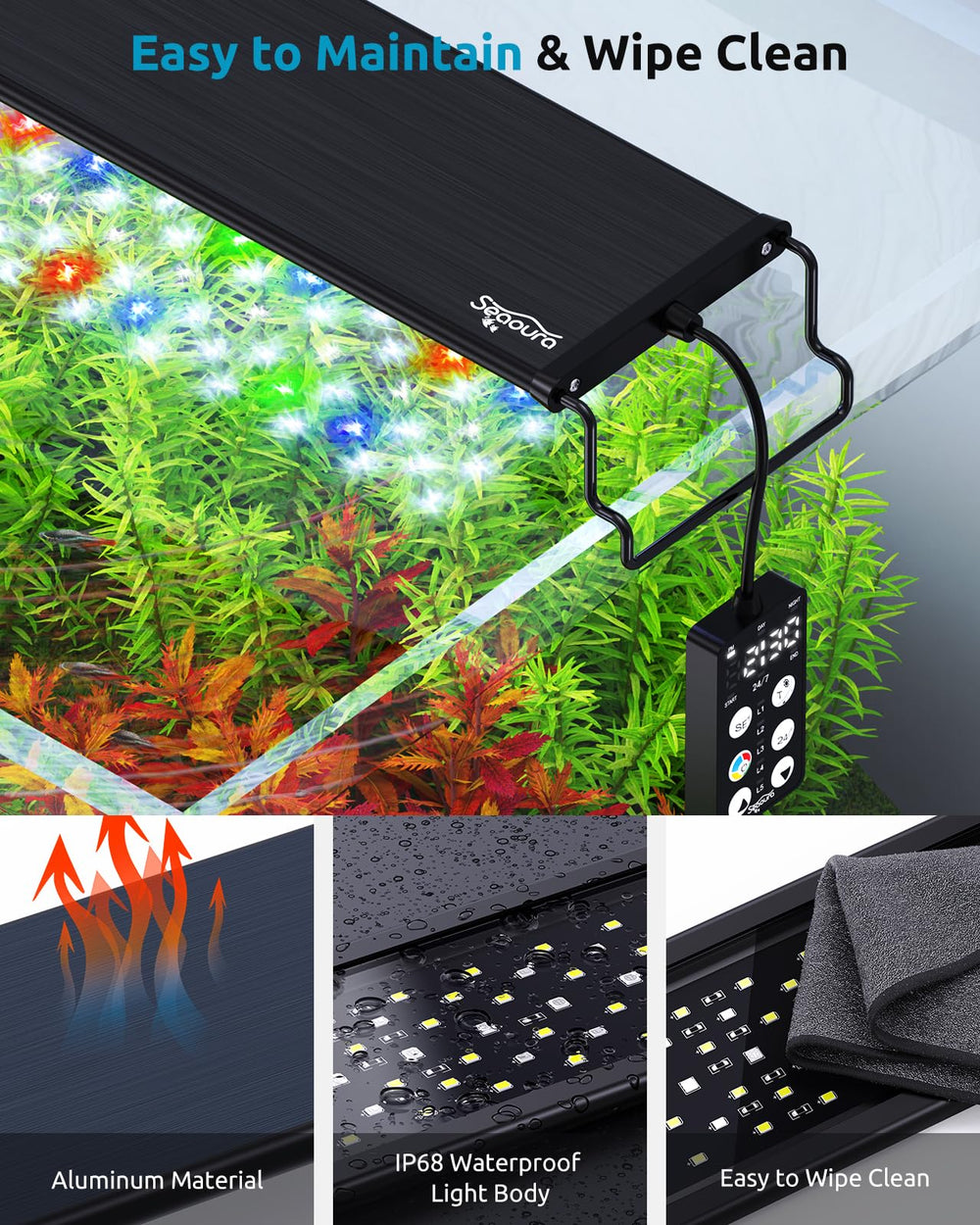 SEAOURA LED Aquarium Light IP68 waterproof body supports easy cleaning and long-term use.